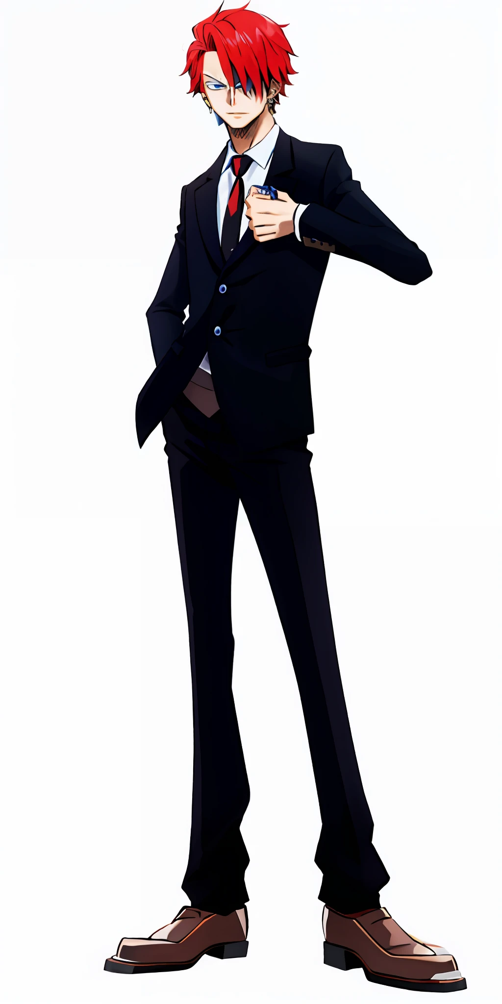 Young man with extravagant red hair,wearing a black suit,with small earrings,grey-blue eyes