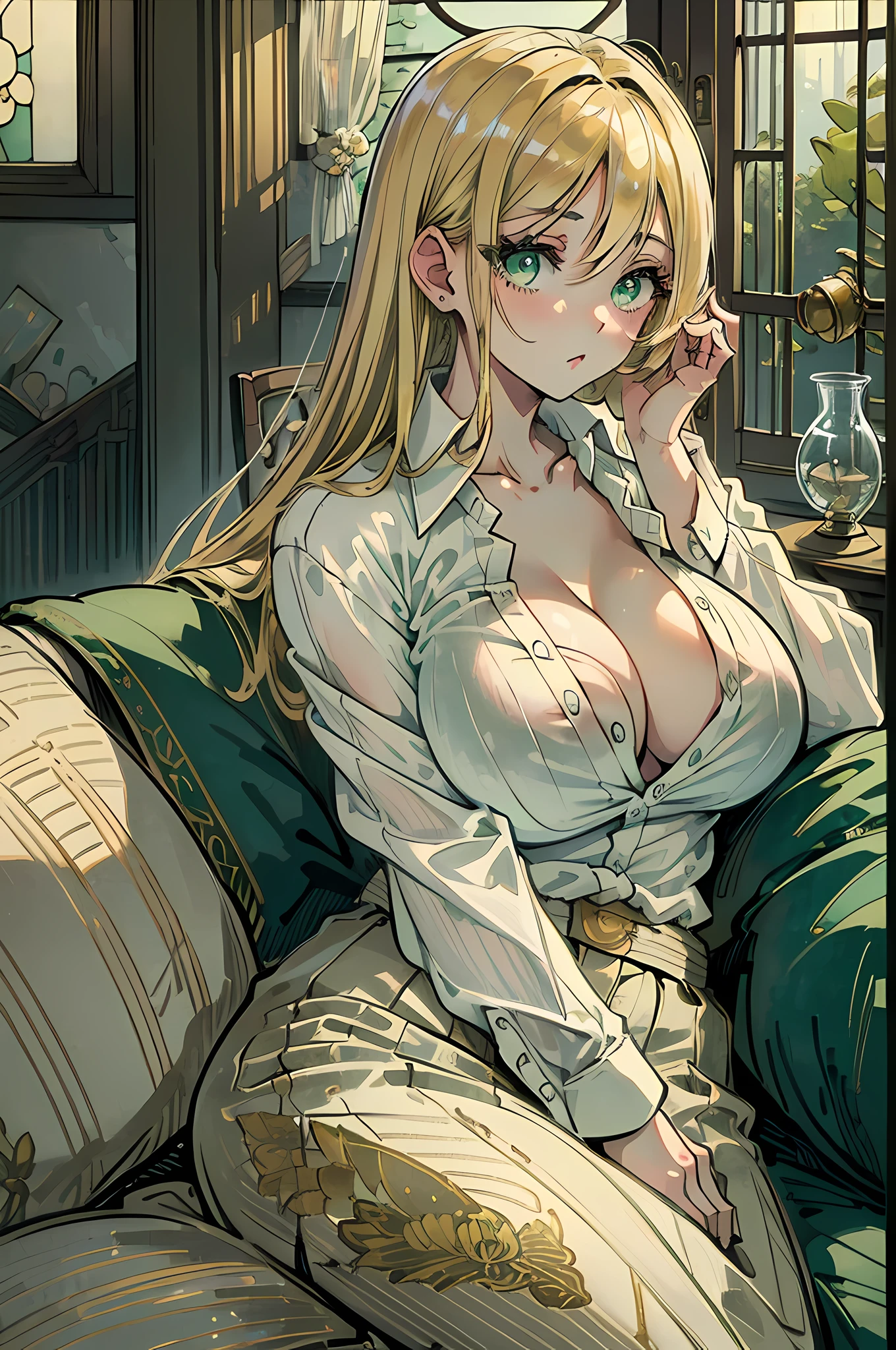 masterpiece, best quality, finely detailed, 1girl, (blonde), (bishoujo), cute, (green eyes), (eyelashes), (huge breasts), (cleavage), (white shirt:1.2), (open shirt), sitting on a sofa, lamp, window, night, delicate interior design, --auto --s2