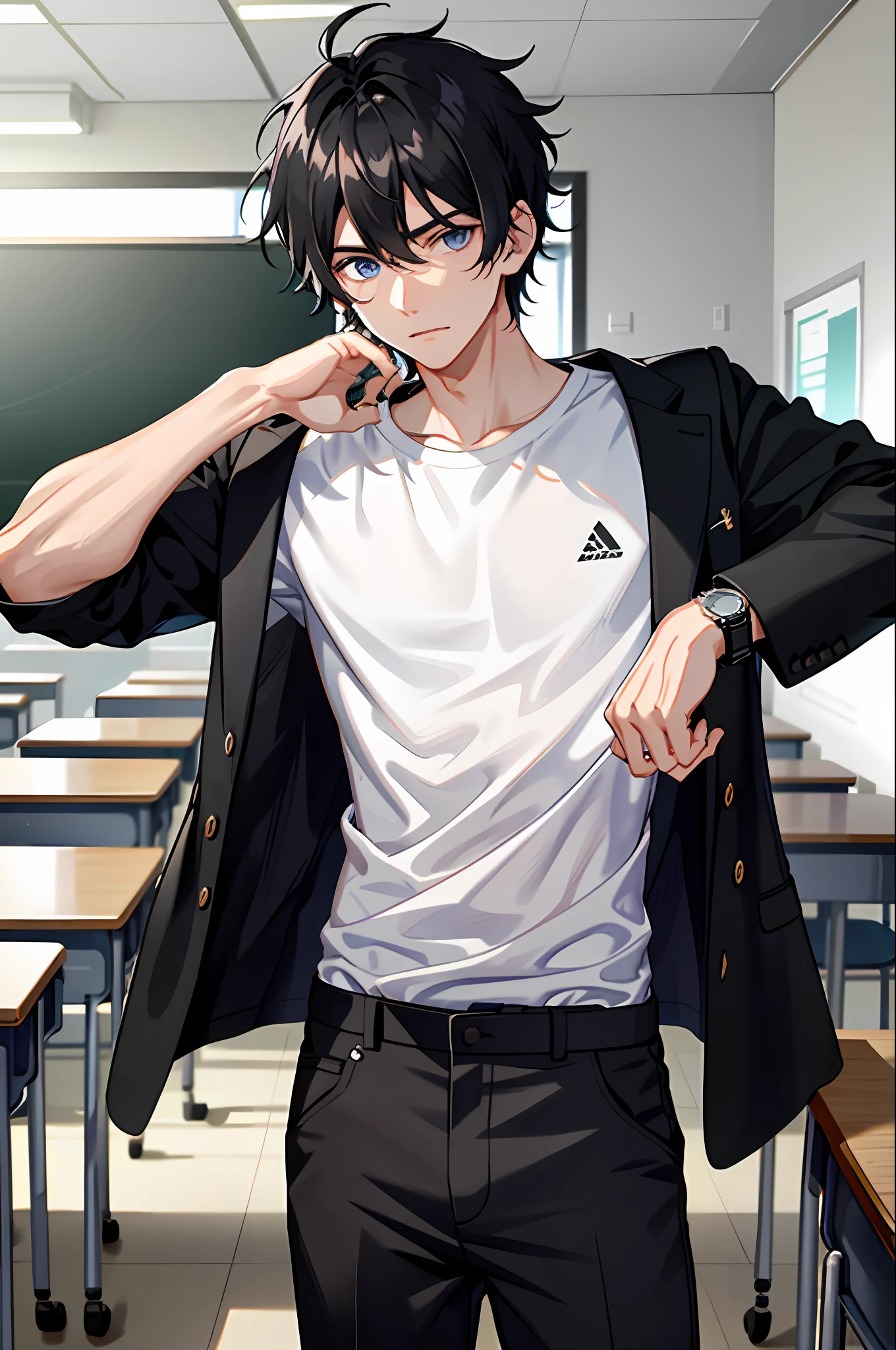 1boy, black hair, black shirt, blue eyes, pants, shirt, white pants, watch, messy hair, 8k resolution, classroom, shabby classroom, fierce, push the classmates all out, hard