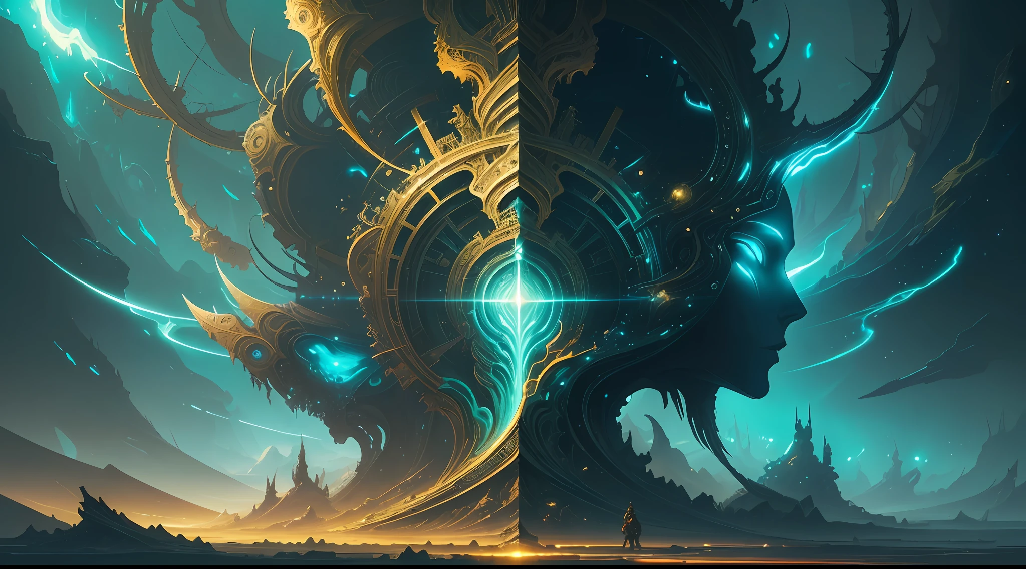 (extremely detailed digital art, masterpiece, best quality), alien landscape, fractal fantasy, glowing elements, (1 person), amzing detail, dynamic lighting.beautiful detailed glow, art by PeterMohrBacher,