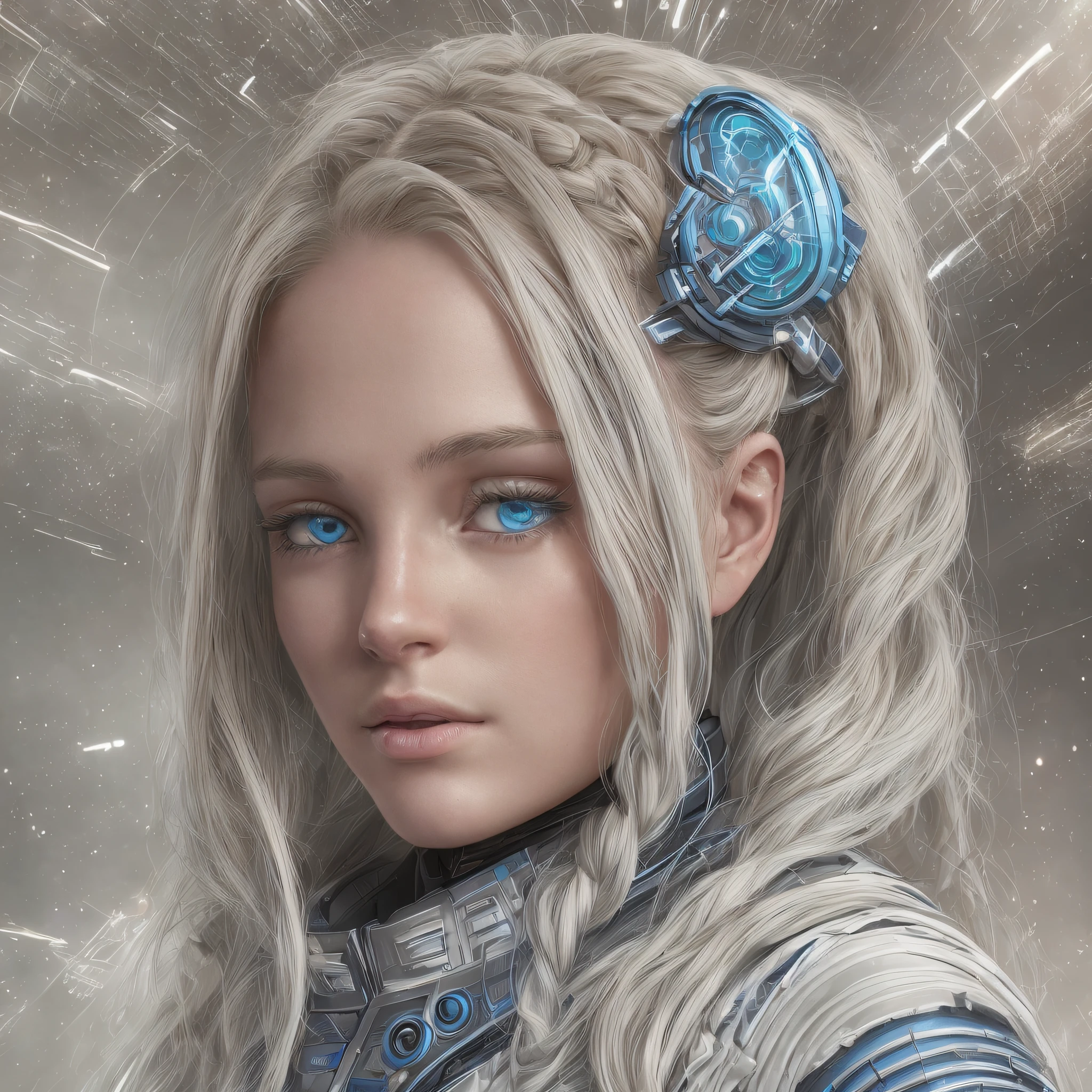 blond woman in futuristic suit with blue eyes and braids, a character portrait inspired by Eve Ryder, trending on cg society, portrait of a sci - fi girl with silver hair, beautiful woman in spacesuit, beautiful white girl, sci fi female character, 8k portrait render, sci-fi female, young lady --s --auto