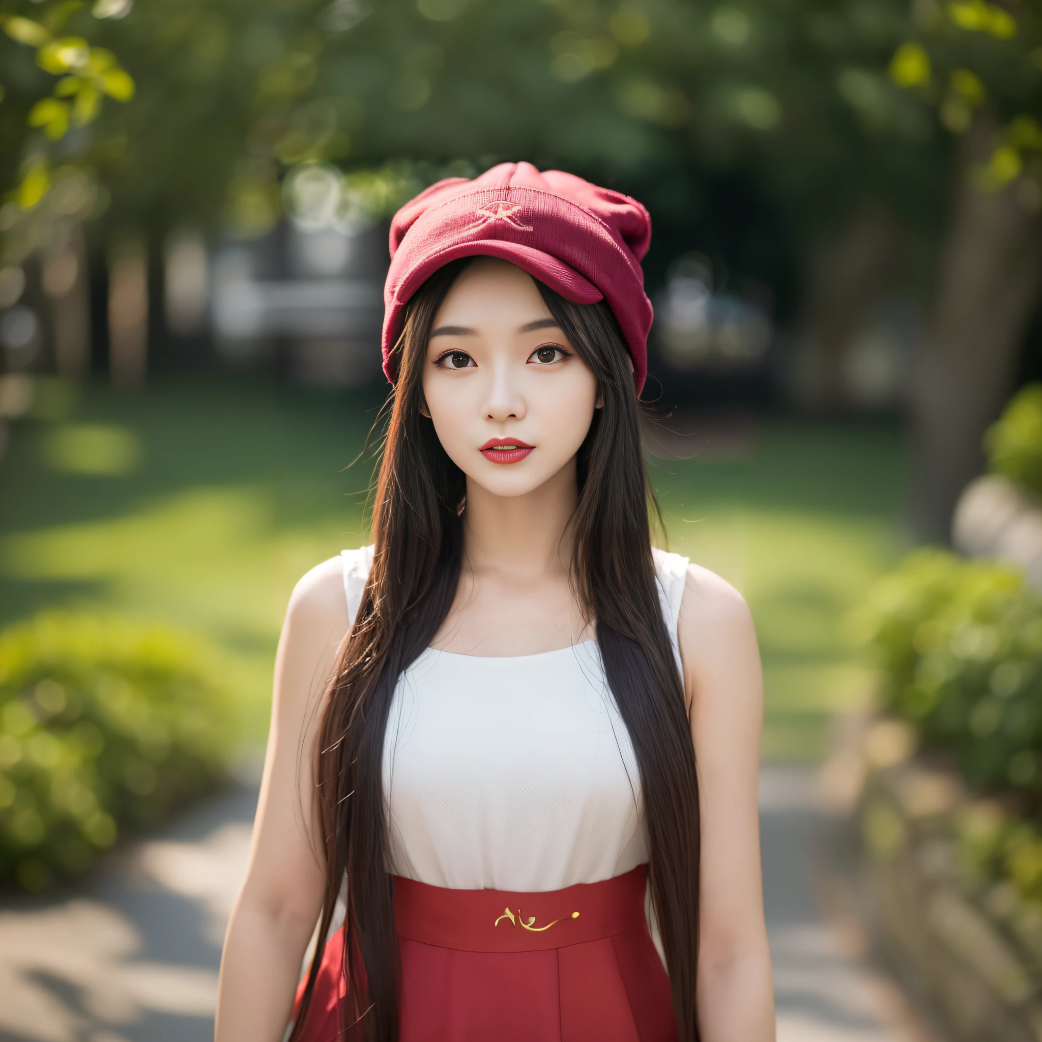 arafed asian woman with long hair wearing a red hat, beautiful young korean woman, ulzzang, gorgeous young korean woman, korean girl, young adorable korean face, beautiful south korean woman, korean women's fashion model, red cap, portrait of female korean idol, maroon hat, jaeyeon nam, wearing a cute hat, popular korean makeup, maroon red