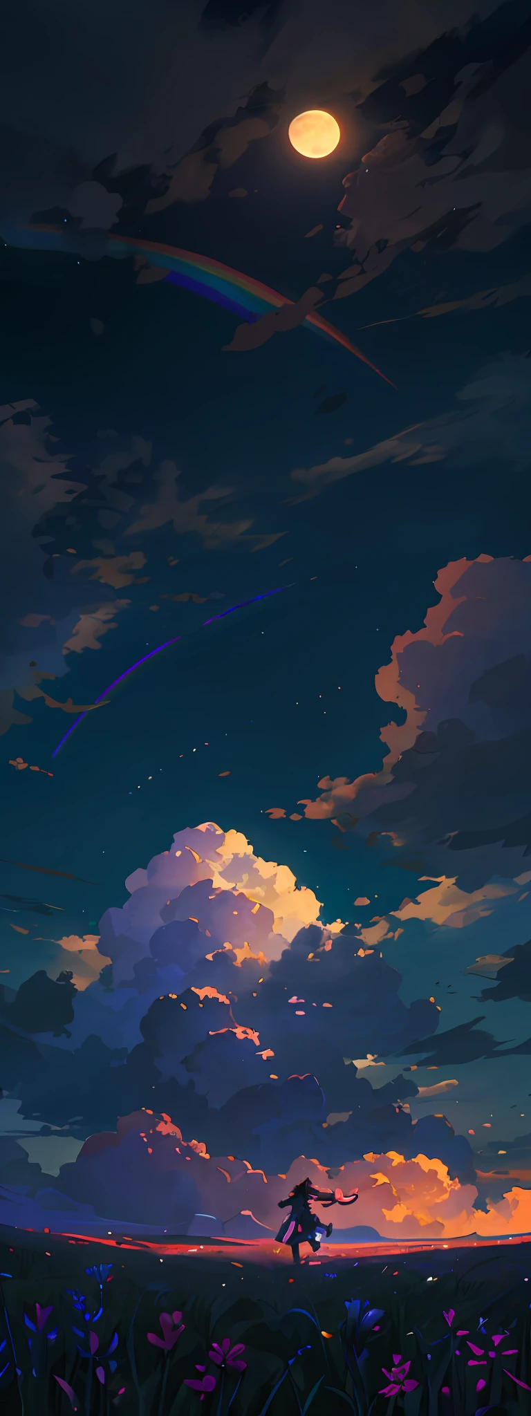 A wide landscape photo, (viewed from below, the sky is above, and the open field is below), a girl standing on a flower field looking up, (full moon: 1.2), (meteor: 0.9), (nebula: 1.3), distant mountains , Trees BREAK Crafting Art, (Warm Light: 1.2), (Firefly: 1.2), Lights, Lots of Purple and Orange, Intricate Details, Volumetric Lighting BREAK (Masterpiece: 1.2), (Best Quality), 4k, Ultra Detailed, (Dynamic Composition: 1.4), Rich in Detail and Color, (Rainbow Color: 1.2), (Glow, Atmospheric Lighting), Dreamy, Magical, (Solo: 1.2)