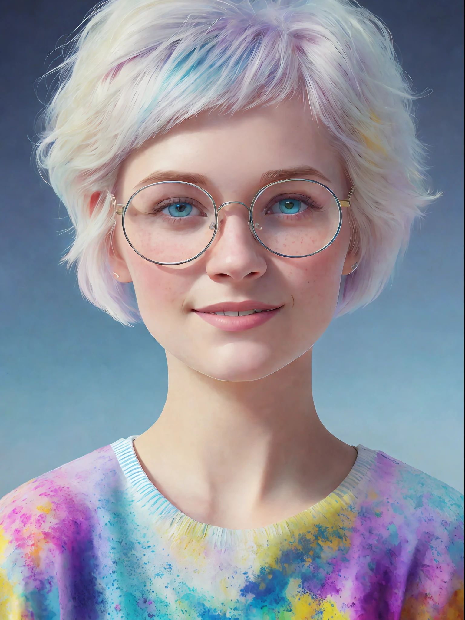 Portrait of ilya kuvshinov and annie leibowitz beautiful smiling  [white swedish blonde] woman with some freckles wearing rainbow circle-glasses, [short hair, (((pixie cut)))], azure eyes,snow covered mountain landscape background. synthwave watercolor on canvas trends artstation dramatic lighting abstract expressionism pastel tones (HD) golden ratio detail aesthetics octane rendering excellent composition natural texture 8k oil painting masterpiece Canon eos r4s 50