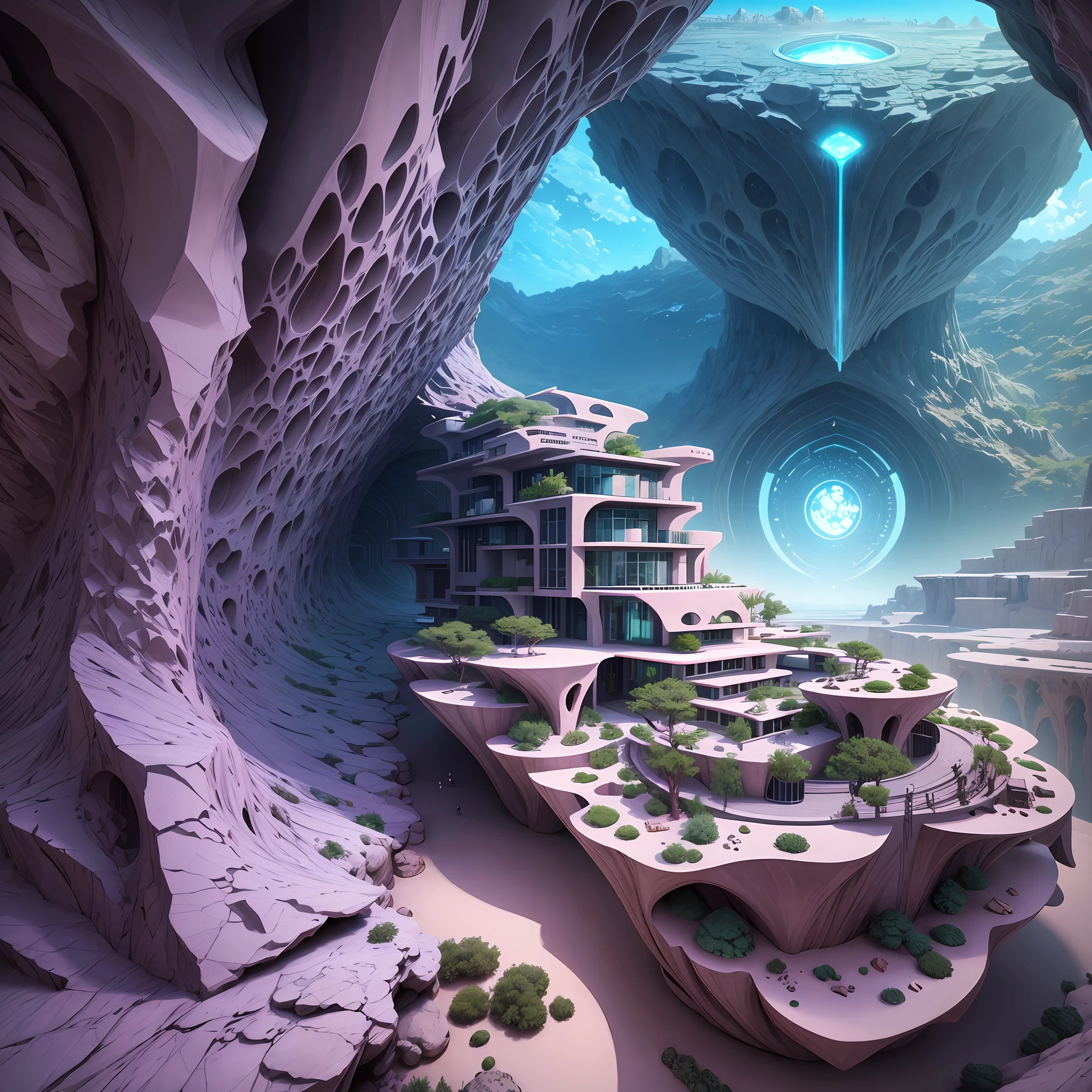 Futuristic Islamic architecture design of cave architecture concept art on desert oasis, islamic architecture, proportional,detailed, cave architecture nature meets futuristic architecture by Toyo Ito ,residential area, futuristic development, high rise balconies, full of rock and glass facades, residential spaces carved from cliff side ,trending on artstation, beautiful lighting,In the style of Arabic calligraphy masterpiece, fantasy, intricate, award winning, 4k, highest quality render --auto --s2