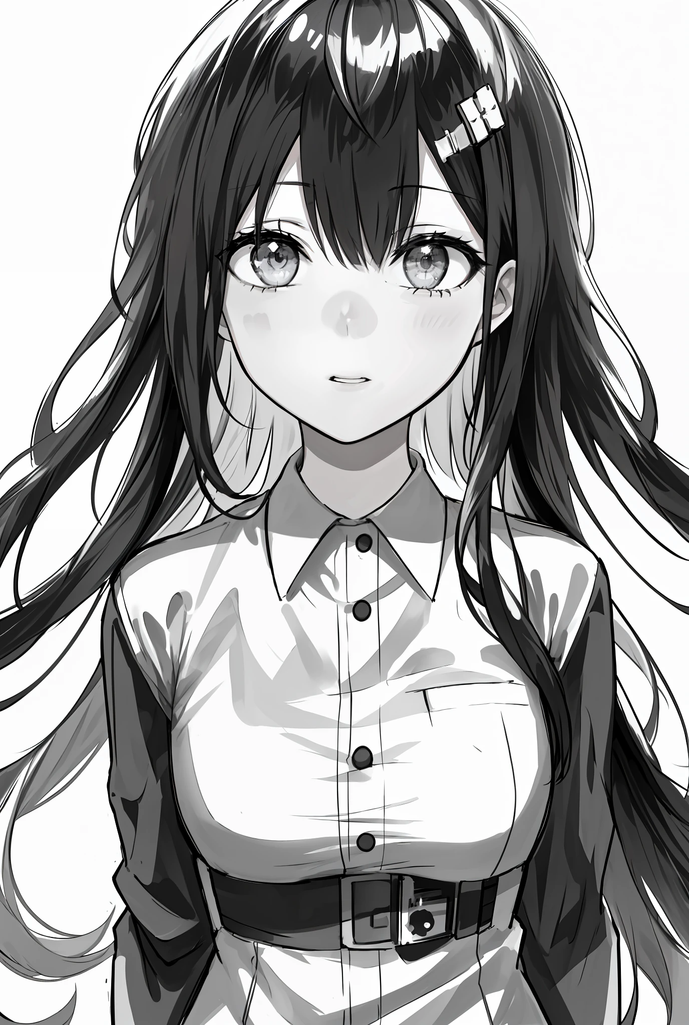((8k, good anatomy (2), masterpiece (3), caricature, slightly stained)) sakistyle, 1girl, solo, grayscale, monochrome, looking at viewer, white background, simple background, sketch, black hair, dark eyes, long hair, fringe broken in the middle with open sides, cute