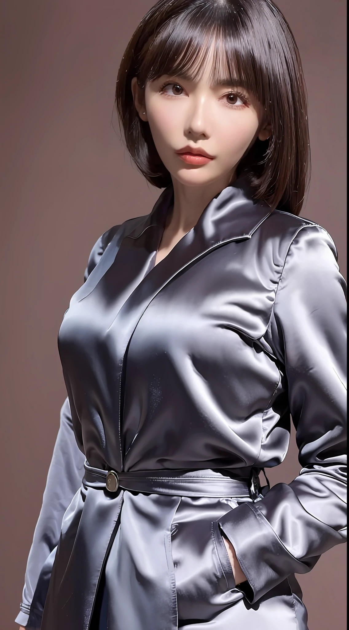 The highest quality, the highest image quality, the ultra-detailed, the material of the satent wrench coat, satin blouse, coat and blouse has a strong gloss, soft and smooth touch, seducing the viewer expression, face, full body shot,