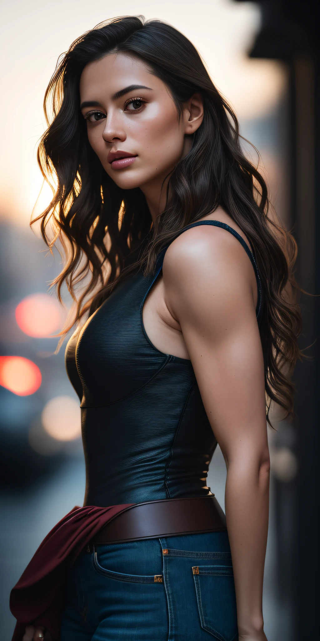 Full face portrait photo of a 25-year-old European girl, RAW, beautiful woman, semi-open strawberry lips, dimples, wistful look, (extra long wavy brown hair), ((detailed face)), ((detailed facial features)), (finely detailed skin), pale skin, (deep neckline detailed high-tech cyberpunk dress), cyberpunk megacity environment, (cool colors), damp, damp, reflections, (masterpiece) (perfect proportion)(realistic photo)(best quality)  (detailed) shot on a Canon EOS R5, 50mm lens, F/2.8, HDR, (8k) (wallpaper) (cinematic lighting) (dramatic lighting) (sharp focus) (intricate), RAW photo, RAW photo, gigachad photo, posing for camera, black jeans, back arms, 8k uhd, dslr, high quality, grain film, Fujifilm XT3, film stock photography 4 kodak portra 400 camera f1.6 lens rich colors hyper realistic texture dramatic lighting unrealengine trend in artstation cinestill  800 tungsten, toughboy style, ultra focus face, intimidating, in fighting position, short messy hair, muscular, bursting veins, beaded