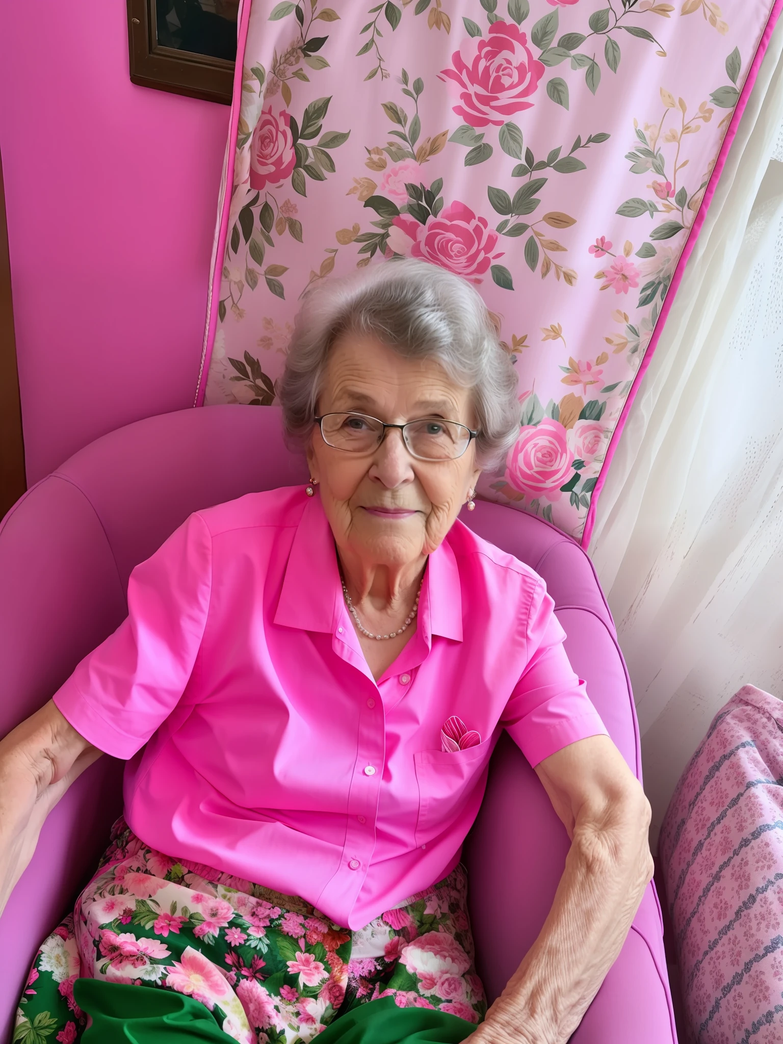 elderly woman sitting in a chair with a pink shirt and purple pants, by Betty Churcher, elderly woman, photograph of april, photo taken in 2 0 2 0, grandma, older woman, by Georgina Hunt, taken in the early 2020s, beautiful lady, photo taken in 2018, by Julian Hatton, looking towards the camera
