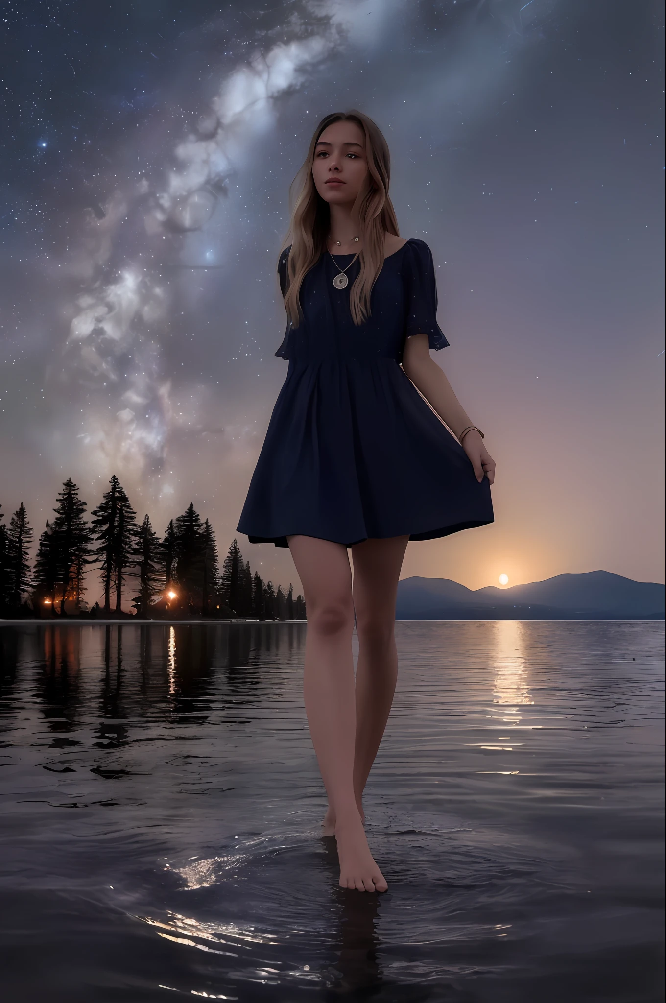 Wide shot rear angle of woman walking into the water, lit by natural moonlight. This 8k high definition picture of a starry sky with a full moon is breathtaking, This stunning photograph captures the essence of a young woman featuring a young hippie woman wearing a 70s style outfit and full body. She has a nose ring and is wearing a necklace and has rings on her fingers, (dimly lit moonlit shot:1.3). The girl is full body, with a backdrop that adds depth to the shot. (Full moons are better in the dark beautiful photograph of lake tahoe a tree lined lake at night:1.3). a highly detailed 8k resolution shot of One of the brightest moons of the year, (the beautiful starry sky full of millions of stars:1.3). (the photograph has a few foreground, elements including trees:1.2). The water on the surface of the lake is rippling due to wind. (she Walking on water as jesus once did:1.4), The sharp focus of the photograph, along with the 8k high definition resolution, creates an insanely detailed and intricate image that showcases the natural beauty and girl next door look of the woman. (the asymmetry of the shot adds a better overall feel:1.4). The woman is wearing a blouse that is loose fitting and bell bottom jeans, adding to the overall allure of the shot. The hyper-realistic and ultra-detailed nature of the photograph creates a sense of depth and texture, drawing the viewer in and making them feel as though they are right there with the model. This stunning work of art is a testament to the skill and creativity of the photographer, and is sure to captivate and inspire all who view it.  The stylized nature of the piece leads the mind to wander, fuji film , film grain