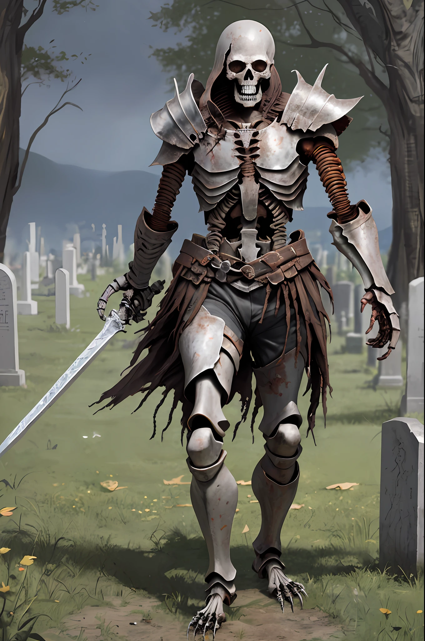 skeleton, undead warrior, drab armor, rusty helmet, shambling through a cemetery, skeletal hands and feet, hyper real, artgerm, hi-def,