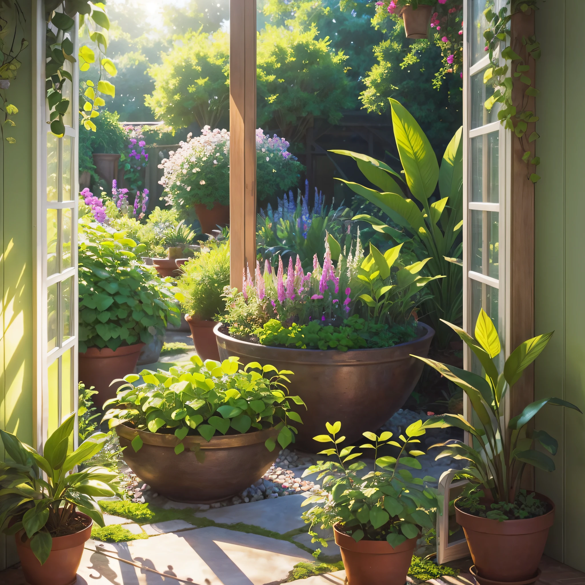Capture the serene beauty of a small, earthy greenhouse garden through the lens of an amateur photographer using a phone camera. Transport viewers to an afternoon scene where nature thrives in this cozy, natural oasis. Strive for hyper-realistic imagery, making it nearly impossible to distinguish between the photo and reality. Pay attention to the subtle details that make this amateur garden truly captivating. Show the handcrafted elements, the vibrant colors of blooming plants, and the soft sunlight filtering through the foliage, giving it an authentic and inviting ambiance. Let your artistic vision transform this ordinary scene into a captivating masterpiece. --auto --s2