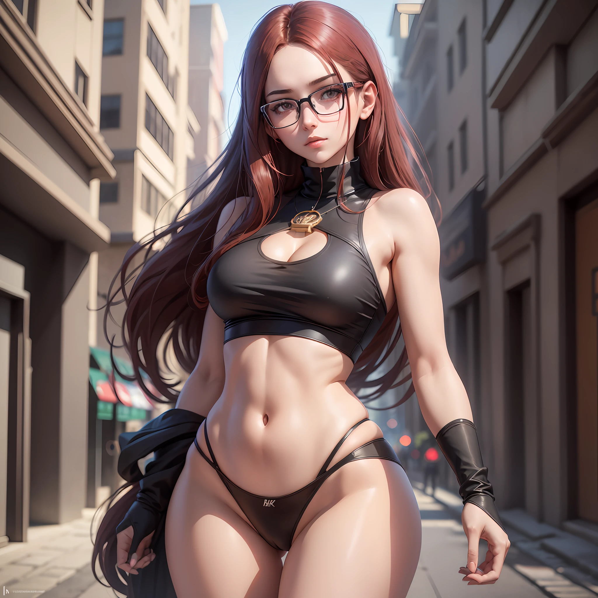 1 photo of a girl 28 years old in black clothes with long dark red hair wearing round glasses standing on the street and looking at her | very anime!!!, fine - face!!!! realistic shaded perfect body features gaze!! pretty eyes! by ilya kuvshinov makoto vibrant studio ghibli animation still rutkowski muchas lucesha hdr highly detailed render as an unreal engine 5 key shot chiaroscuro --auto --s2