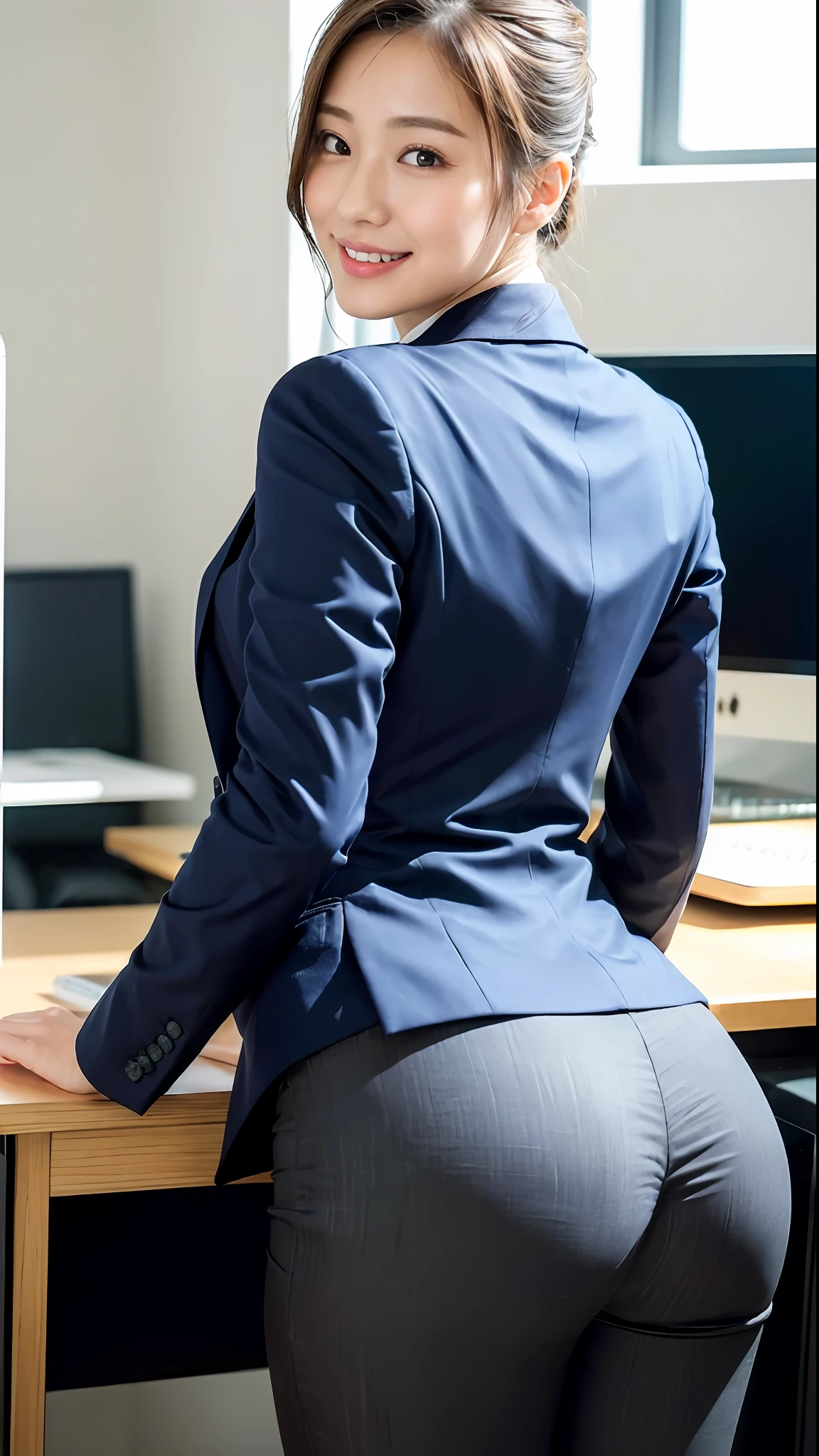 (Masterpiece:1.3), (8K, Photorealistic, RAW Photography, Best Quality: 1.4), Japan, Beautiful Face, (Realistic Face), (Medium Hair:1.3), Realistic Eyes, Beautiful Eyes, (Real Skin), Beautiful Skin, Attractive, Ultra High Definition, Ultra Realistic, High Definition, Beautiful Japan Woman, Navy Suit, Open Jacket, Office Lady, Suit, Gray Pants, From Back, Office, Desk, (Protruding Butt: 1.2), Detailed Face, Hair Up, From Bottom, Smile,