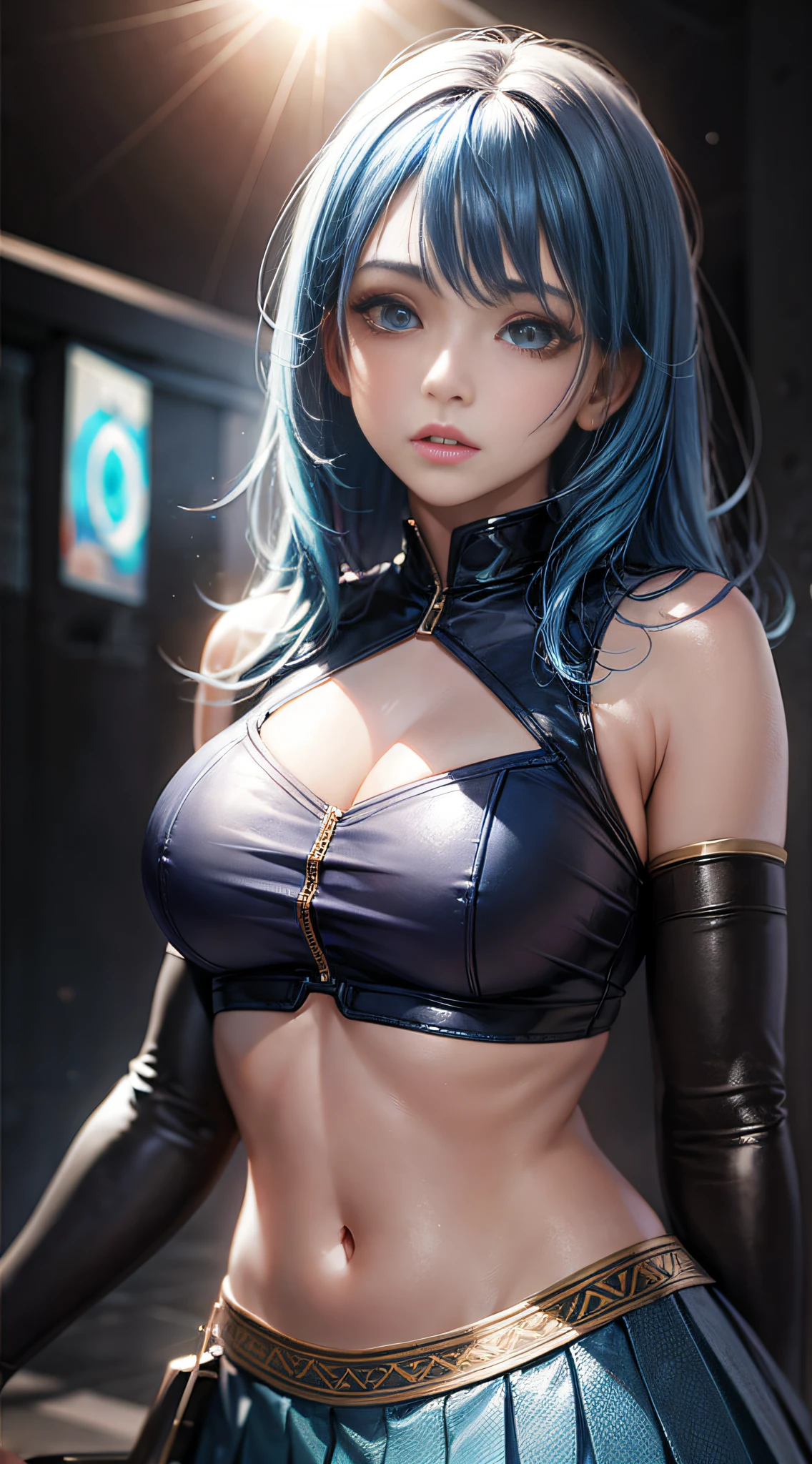 Realistic, 1girl, blue hair, glowing eyes, cropped top, pleated skirt, parted lips, sun, sunlight