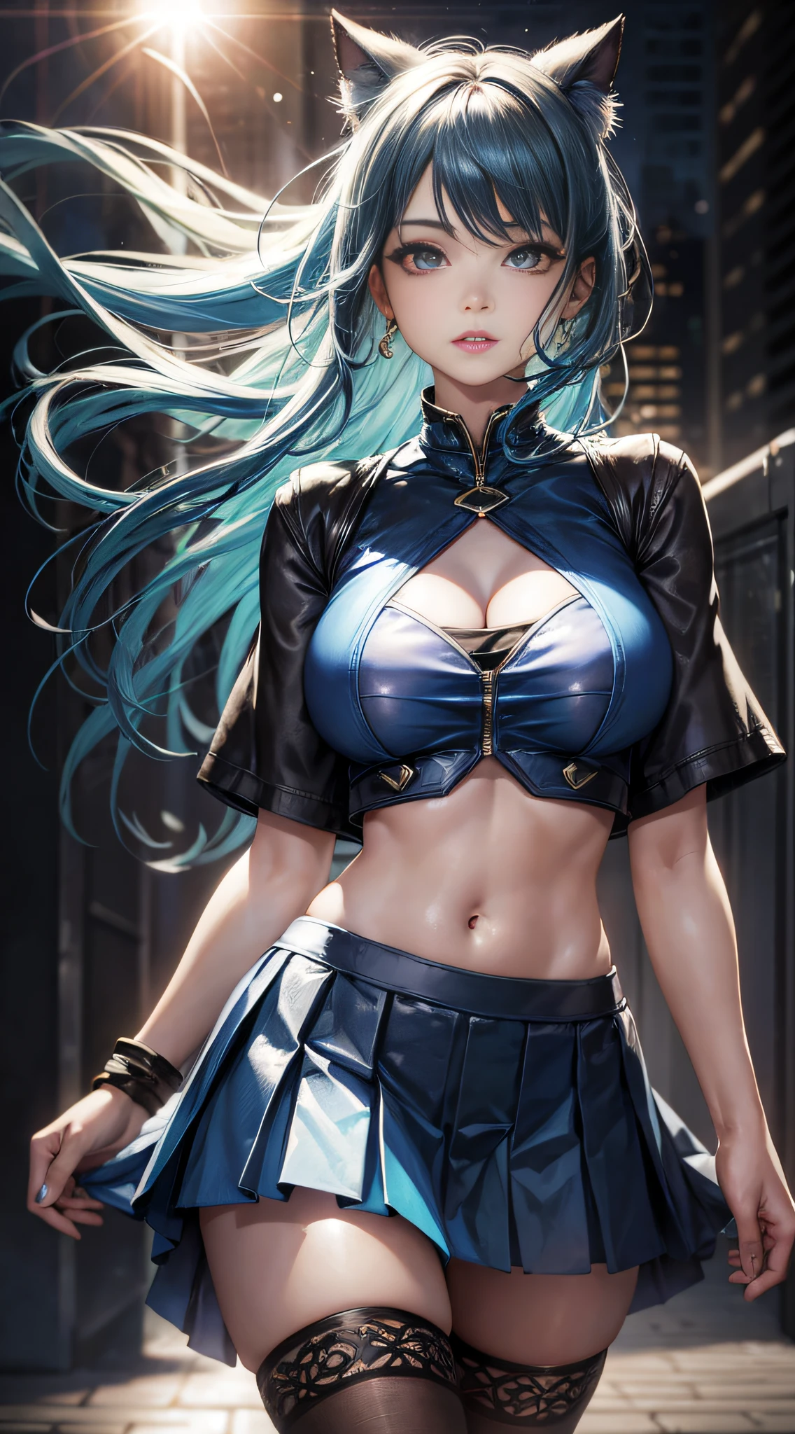 Realistic, 1girl, blue hair, glowing eyes, cropped top, pleated skirt, parted lips, sun, sunlight