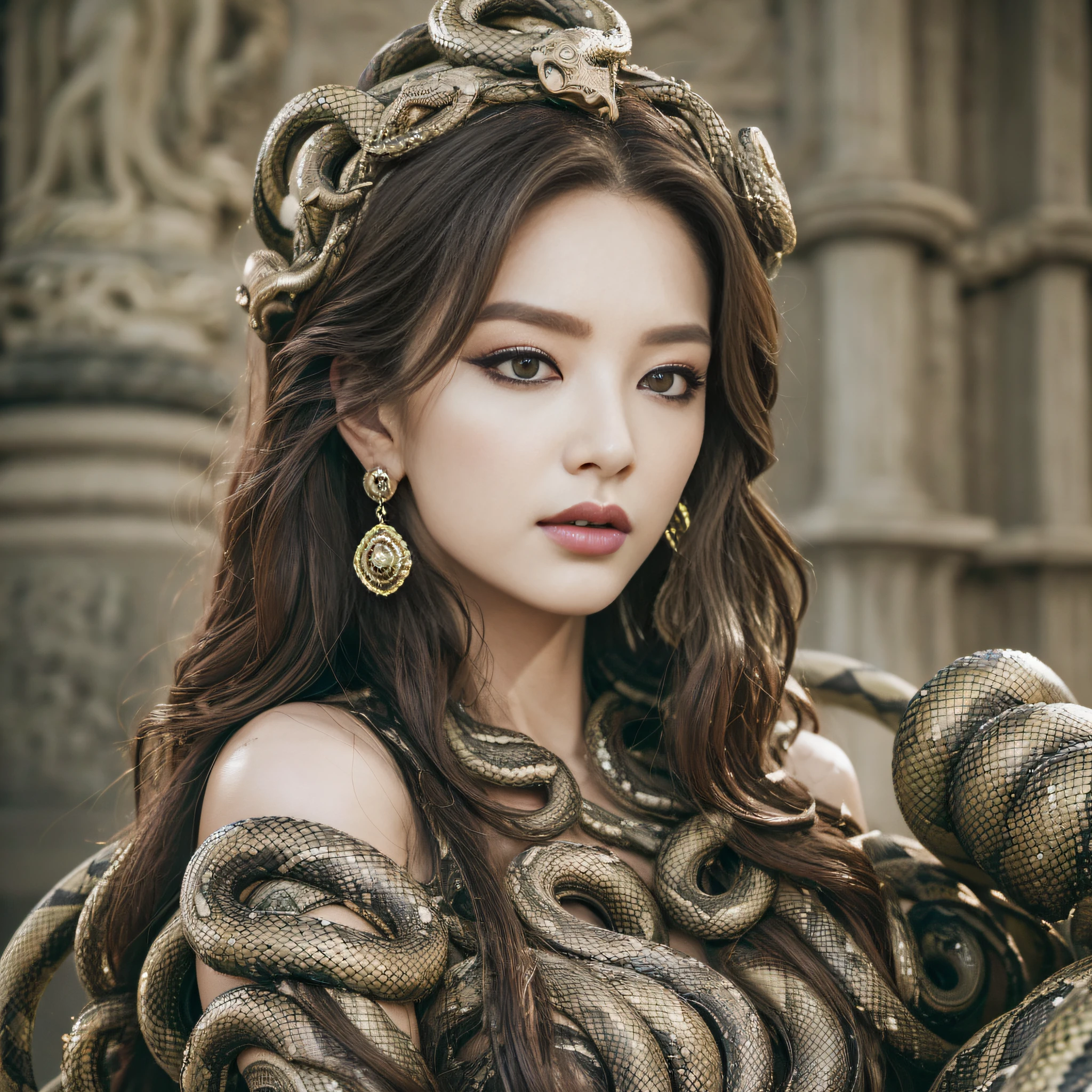 ((best quality)), ((masterpiece)), (detailed), (realistic), powerful Medusa queen, serpent-like hair, (mythological:1.2), (goddess-like:1.1), (snakes hissing:1.1), (intense gaze:1.1), (regal attire:1.2), (stone statues in the background:1.1), (dark and mysterious atmosphere:1.1), (8k resolution:1.2)