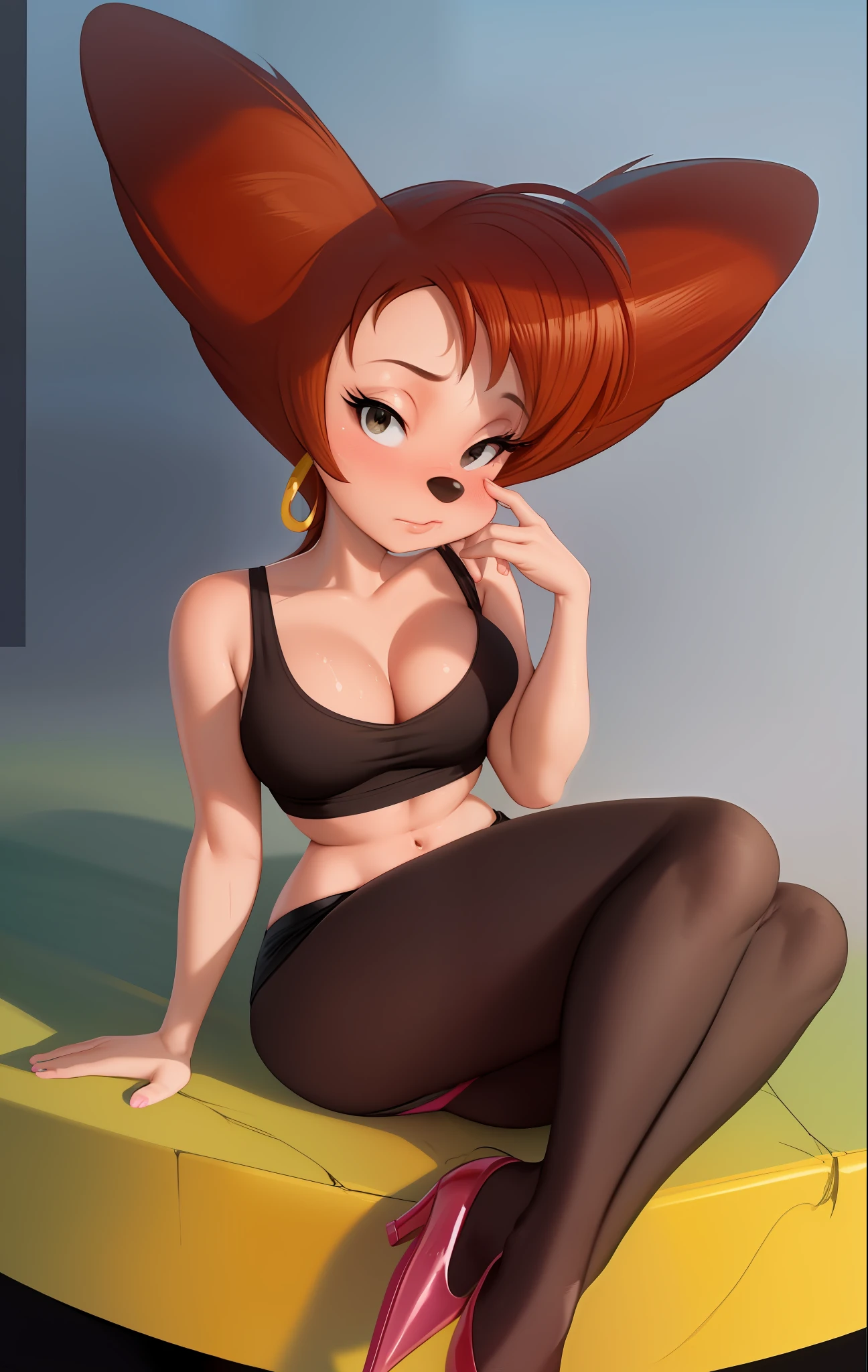 masterpiece, best quality, one girl, solo, detailed face, looking at the viewer, black eyes, gold hoop earrings, 4 fingers, detailed skin texture, (blush: 0.5), (goosebumps: 0.5), subsurface scattering, detailed skin texture, (blush: 0.2), (goosebumps: 0.3), sexual expression, portrait, pink midriff tank top, mini skirt, pantie shot, high resolution, detailed night city background, black nose, sfw, goof troop, Disney, character, anthro, detailed fingers, flirtatious pose, right hand behind the head, detailed between legs, detailed tummy, detailed chest, detailed knees, breast blush, fishnet tights, high-heeled shoes, detailed nails, sitting, wet, leaned towards viewer