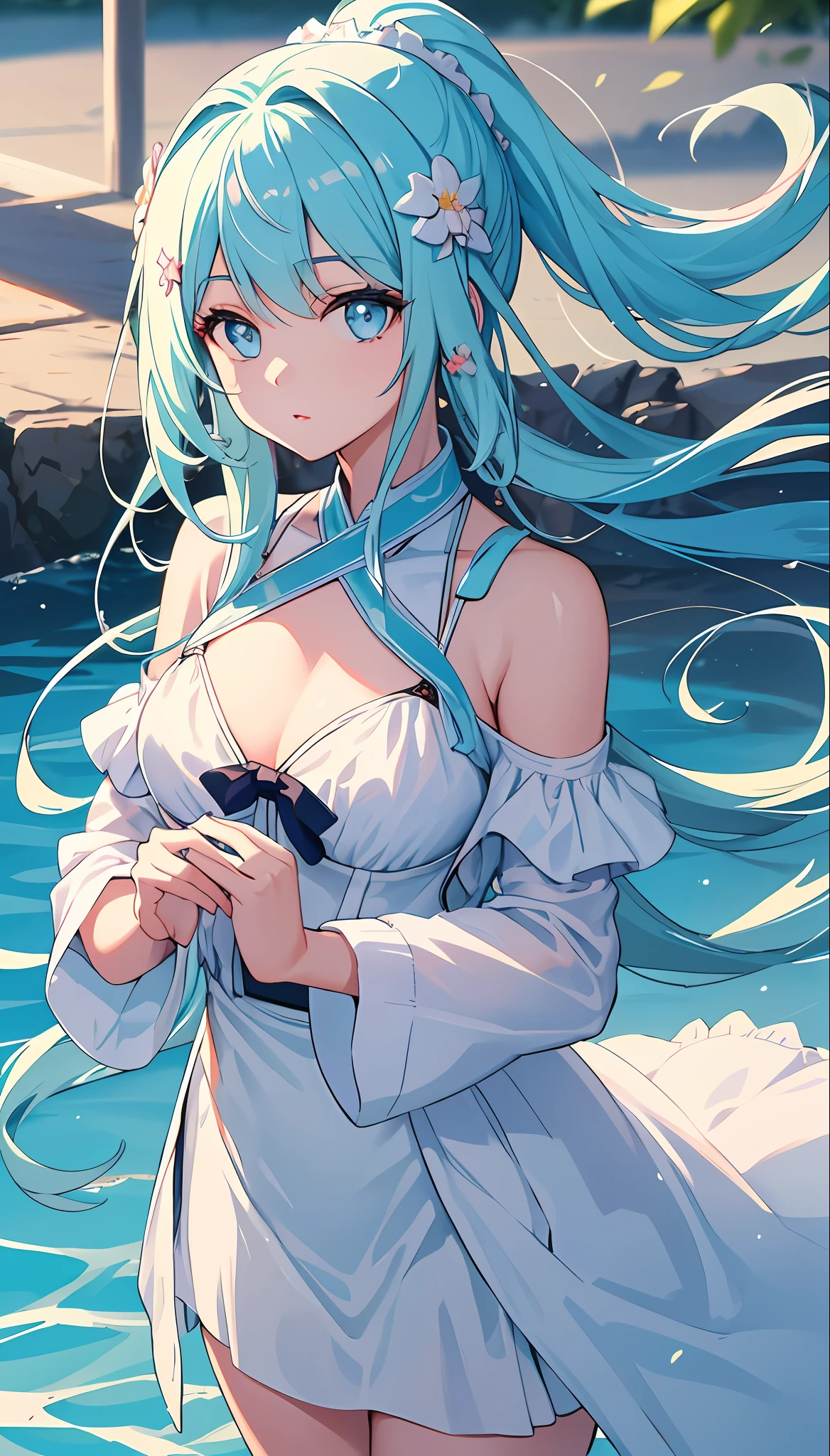 (masterpiece), (best quality), (ultra detailed),(disheed hair),(illustration), (1girl), (Fashionable clothing), standing, Fashion model, looking at viewer, (interview), (simple background), beautiful and delicate eyes, delicate beauty, floating, (high saturation), (colorful splash), colorful bubbles, (shine), focus on face, ponytail, Ayaka Kamisato, light blue hair, bangs, hair ring, floating flowers, flowing hair, (shiny), best lighting, best shadow, bikini, ultra-exposed