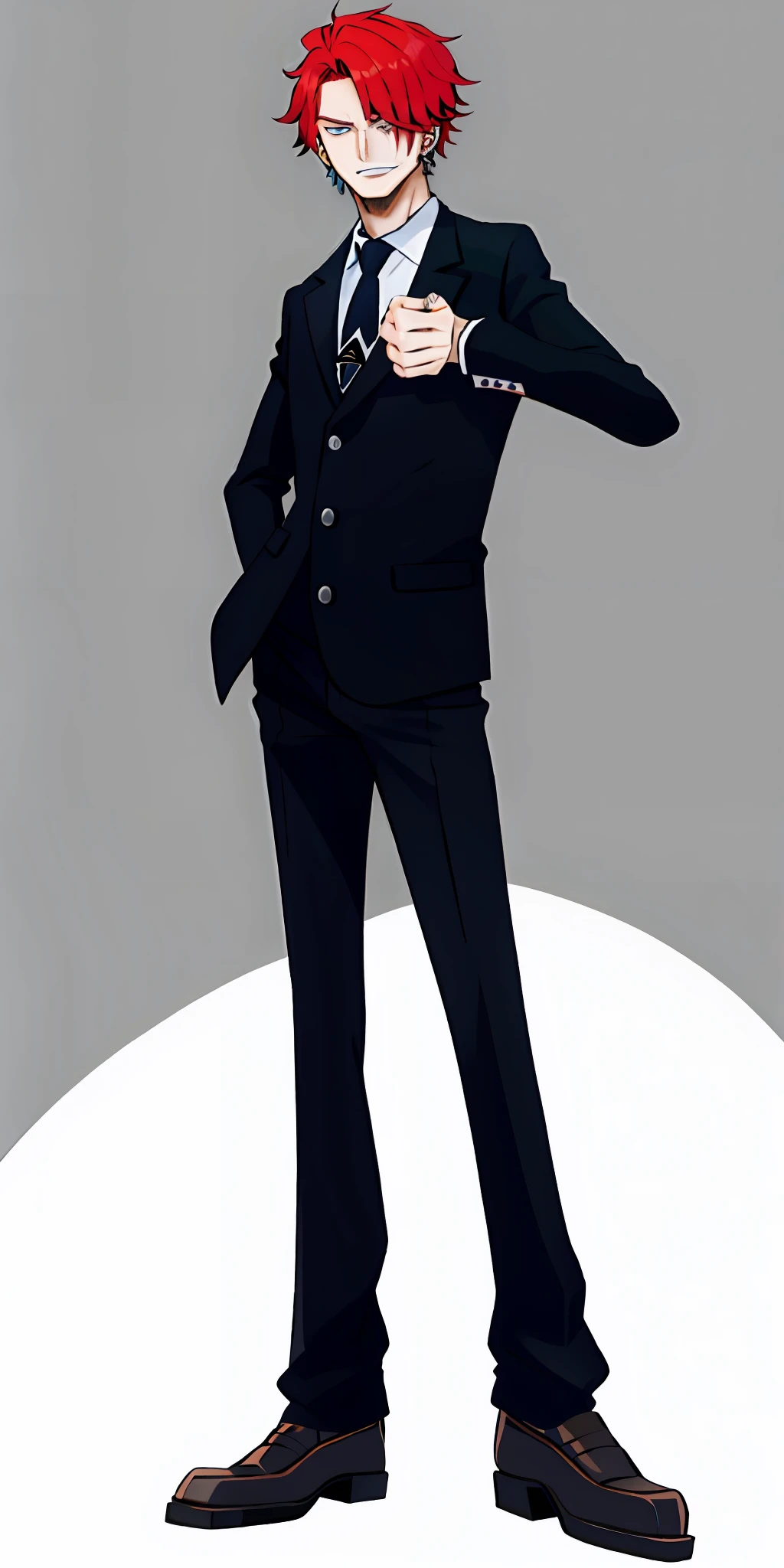 Young man with flamboyant red hair,wearing a black suit,with small earrings,grey-blue eyes,spiral eyeshadow