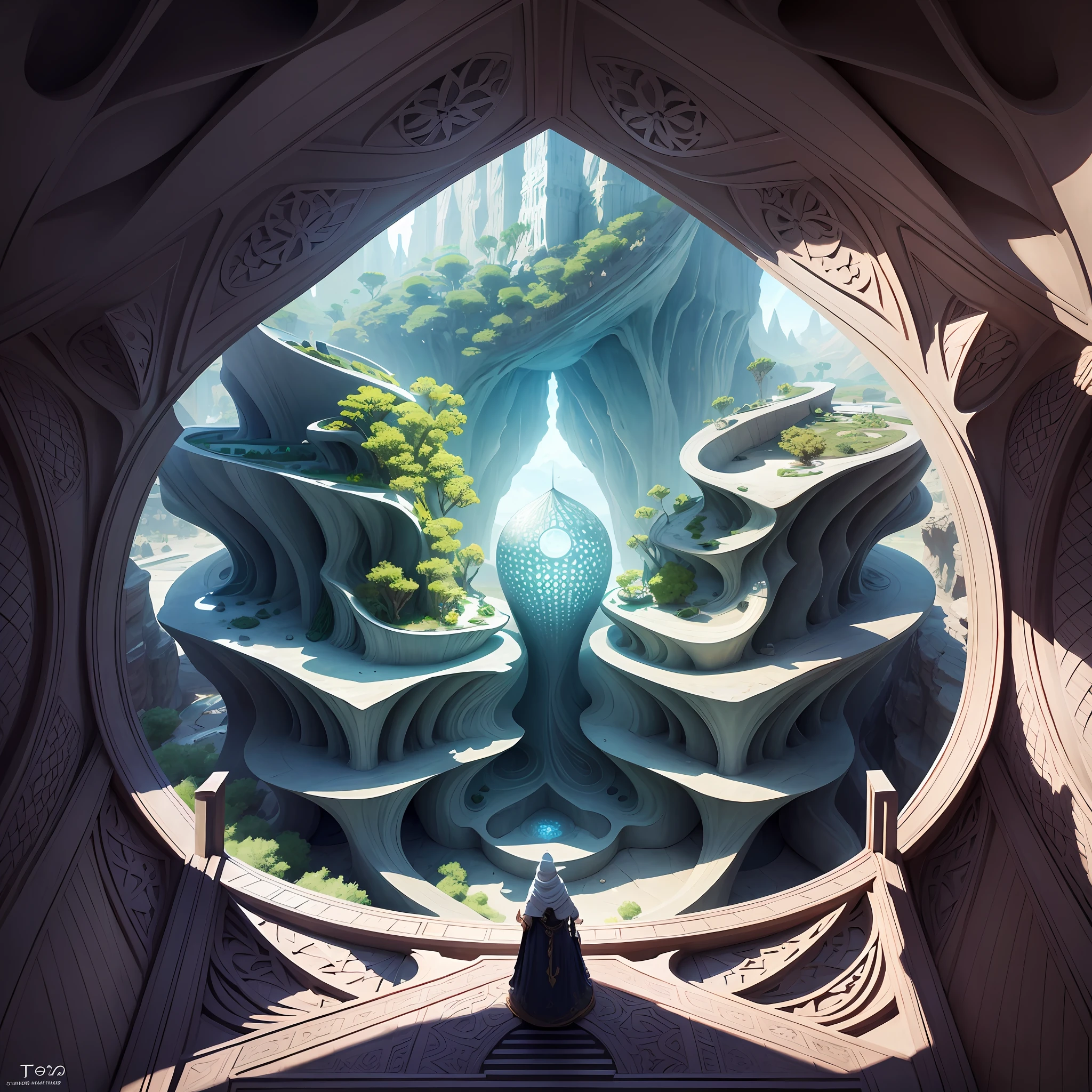 Futuristic Islamic architecture design of cave architecture concept art on desert oasis, islamic architecture, proportional,detailed, cave architecture nature meets futuristic architecture by Toyo Ito ,residential area, futuristic development, high rise balconies, full of rock and glass facades, residential spaces carved from cliff side ,trending on artstation, beautiful lighting,In the style of Arabic calligraphy masterpiece, fantasy, intricate, award winning, 4k, highest quality render --auto --s2