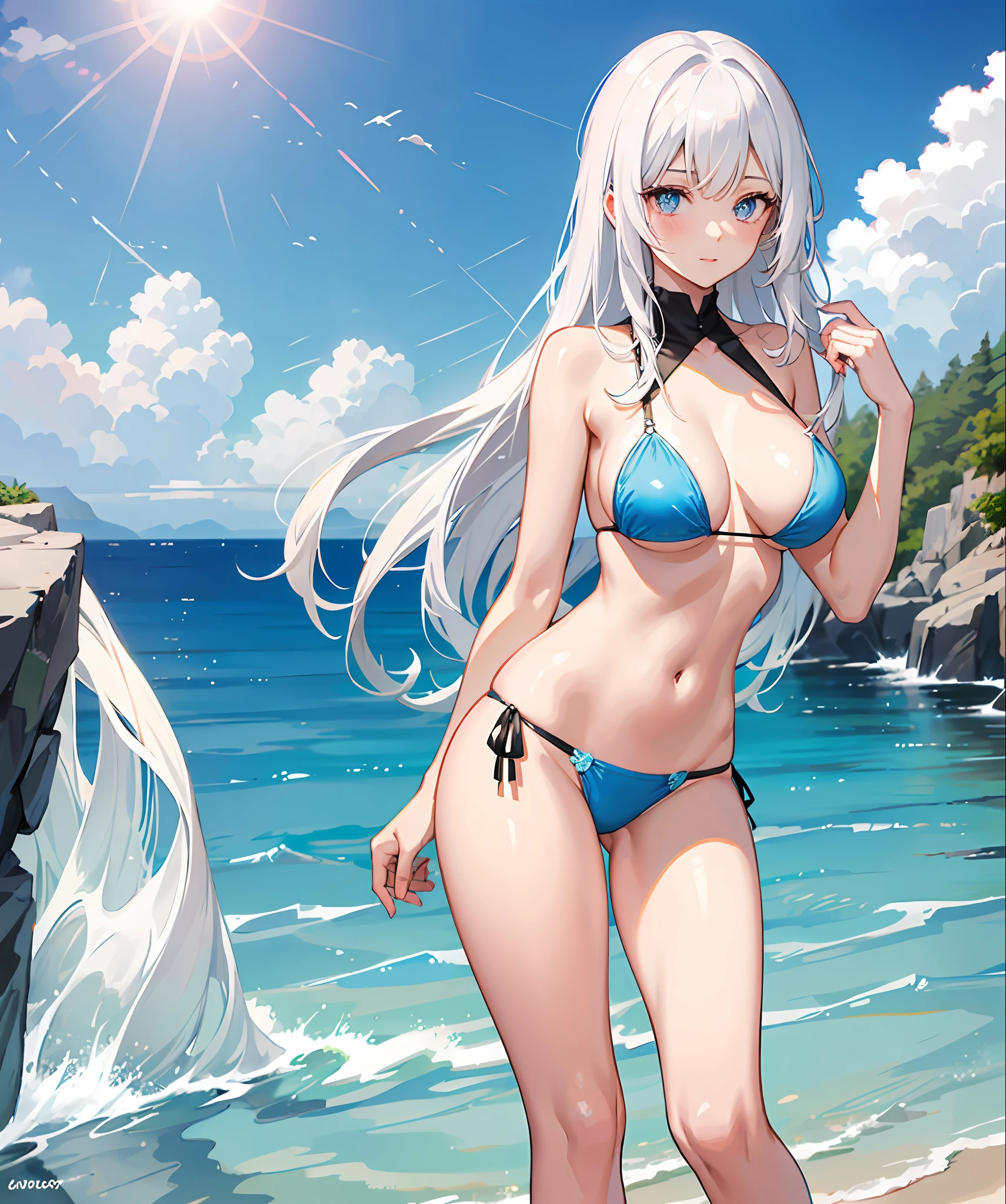 sexy, white hair, medium breast, blue eye, side tie bikini, slim legs, long hair, sunny day