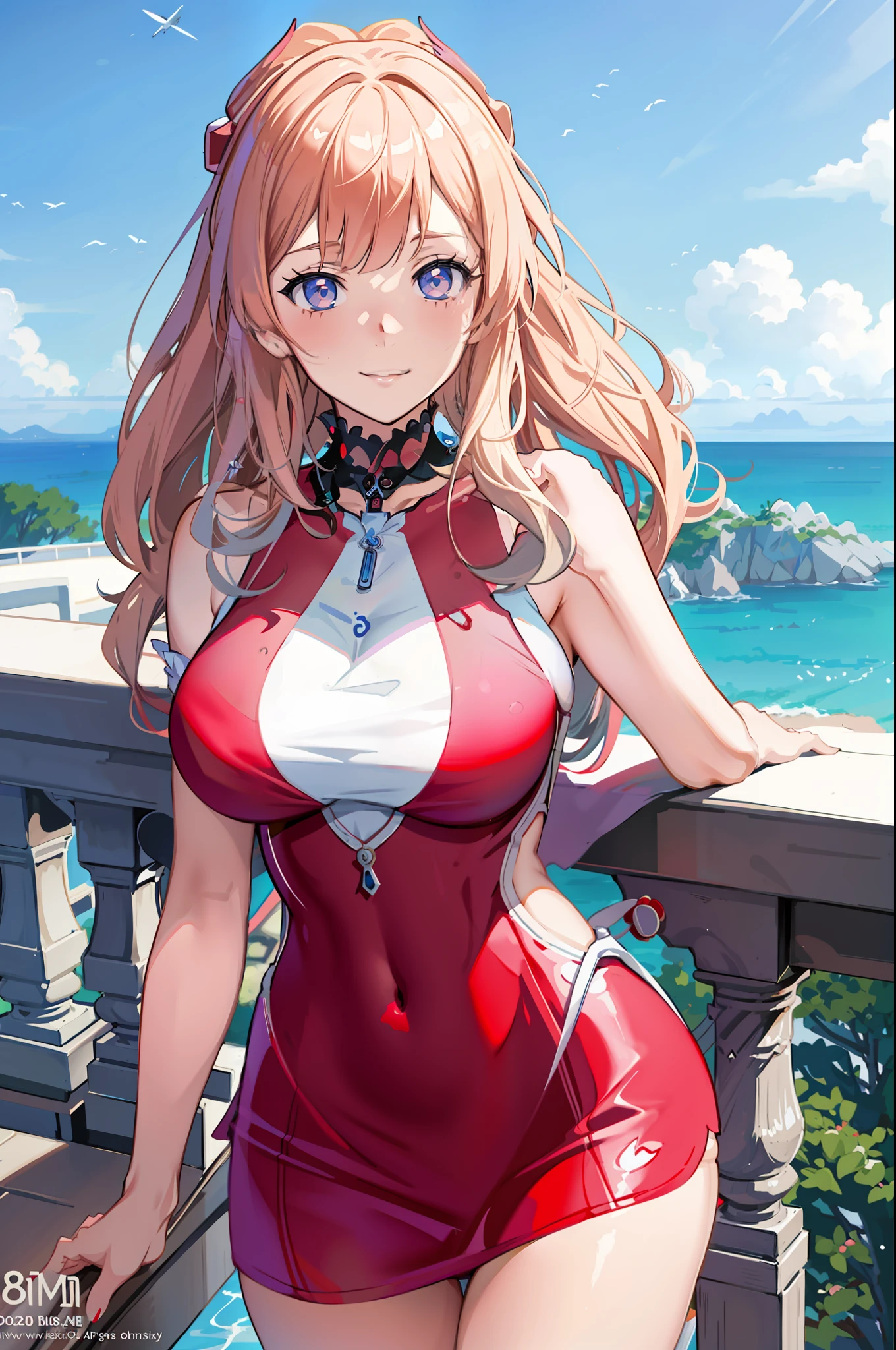 anime girl in red and white swimsuit posing on a balcony, seductive anime girl, cute anime waifu in a nice dress, smooth anime cg art, marin kitagawa fanart, beautiful alluring anime woman, 8k high quality detailed art, detailed digital anime art, extremely detailed artgerm, photorealistic anime girl render, biomechanical oppai, digital anime art