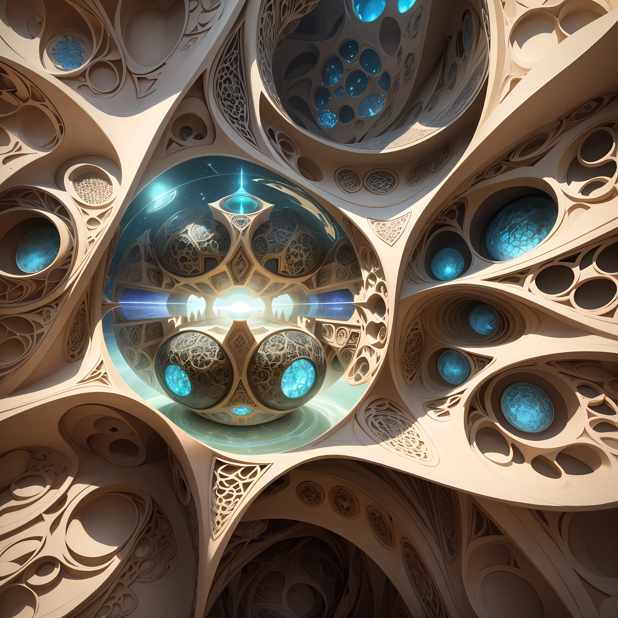 Futuristic Islamic architecture design of cave architecture concept art on desert oasis, islamic architecture, proportional,detailed, cave architecture nature meets futuristic architecture by Toyo Ito ,residential area, futuristic development, high rise balconies, full of rock and glass facades, residential spaces carved from cliff side ,trending on artstation, beautiful lighting,In the style of Arabic calligraphy masterpiece, fantasy, intricate, award winning, 4k, highest quality render --auto --s2