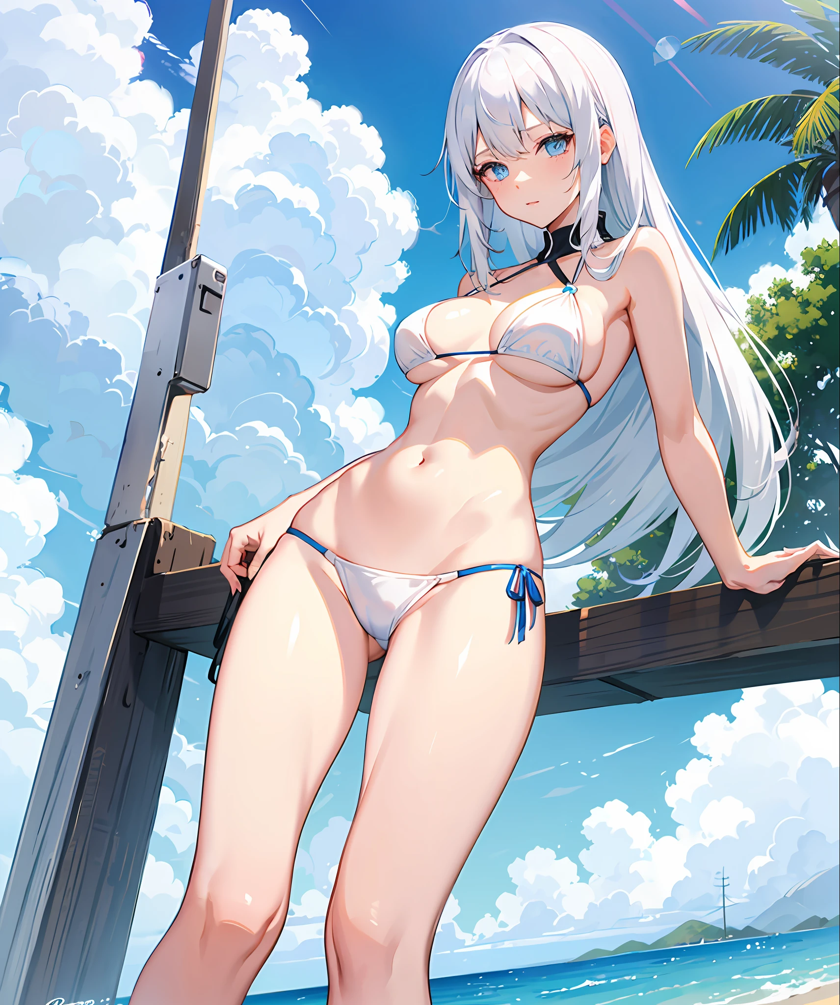sexy, white hair, medium breast, blue eye, side tie bikini, slim legs, long hair, sunny day
