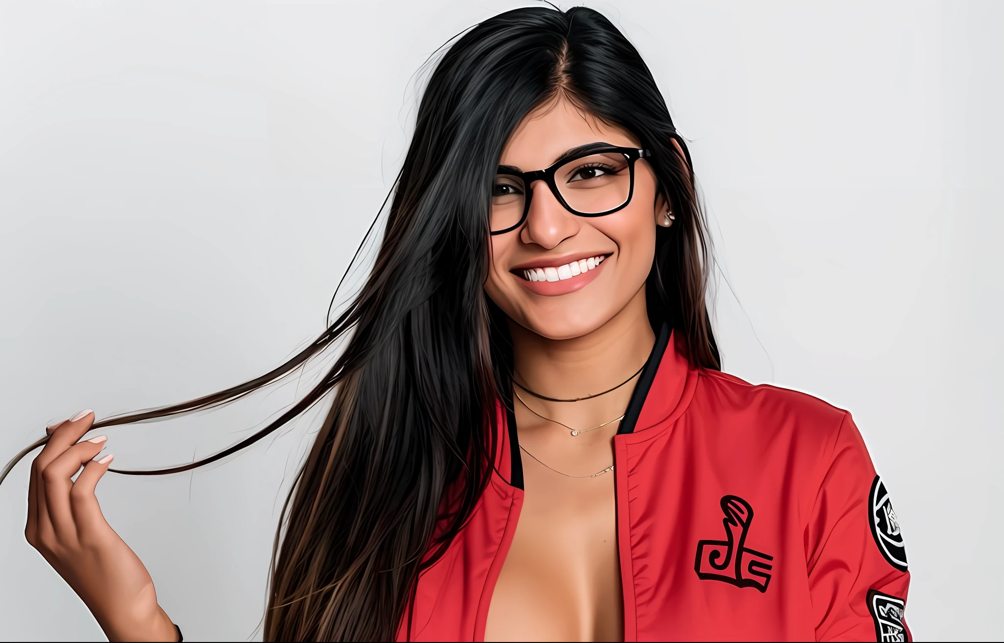 Mia Khalifa A woman with glasses and a red jacket posing for a photo, Mia Khalifa, Alanis Guillen, Violet Myers, wavy long black hair and glasses, headshot profile picture, Lorena Avarez, long hair and red shirt, inspired by Ion Andreescu, Fernanda Suarez, looks like Fabiula Nascimento, Jody Highroller, girl with glasses --auto --s2
