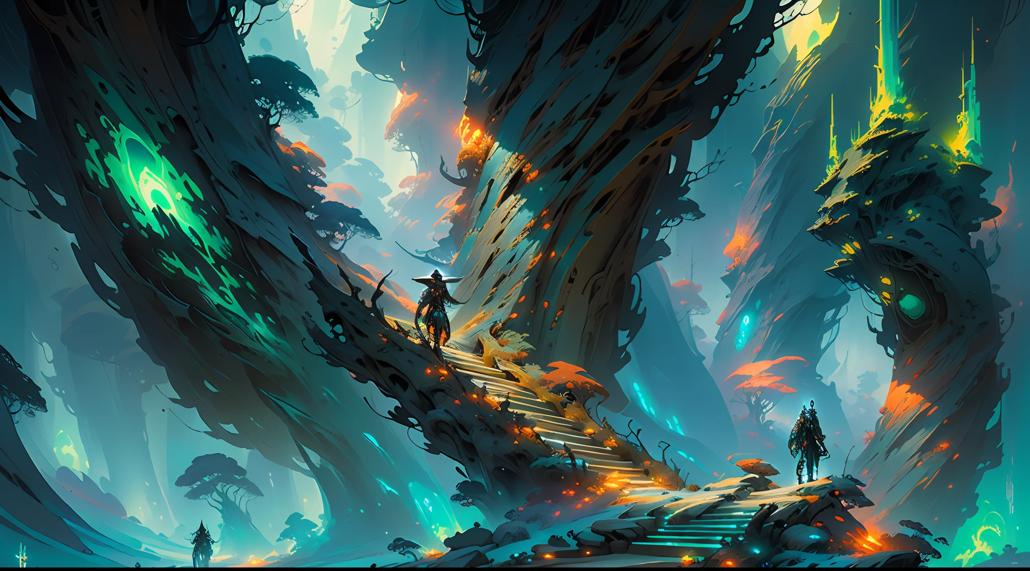 (extremely detailed digital art, masterpiece, best quality), alien landscape, fractal fantasy, glowing elements, (1 person), amzing detail, dynamic lighting.beautiful detailed glow, art by PeterMohrBacher,