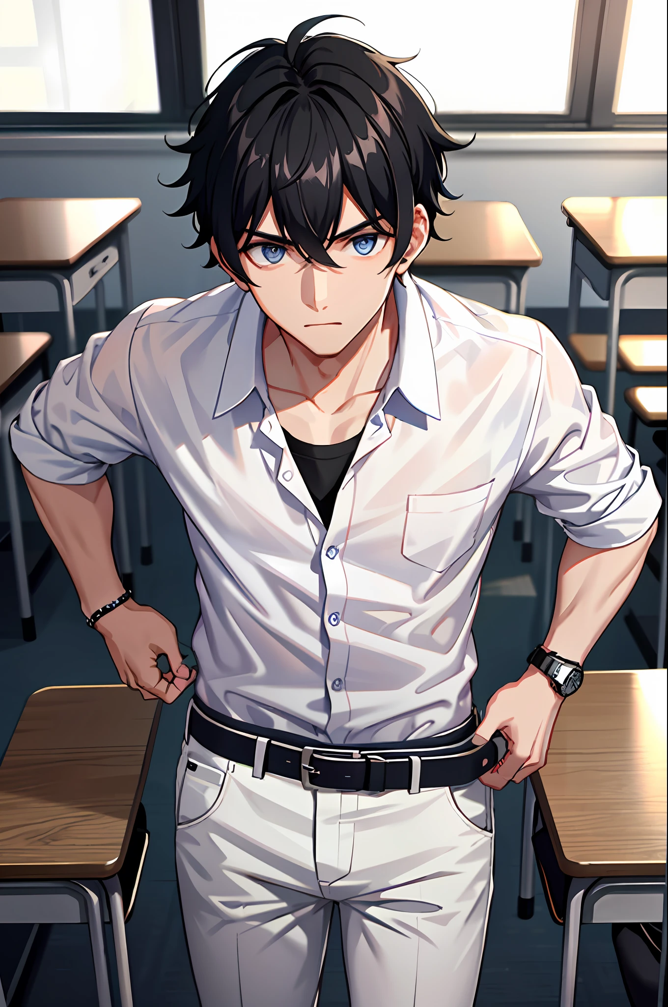 1boy, black hair, black shirt, blue eyes, pants, shirt, white pants, watch, messy hair, 8k resolution, classroom, shabby classroom, fierce, push the classmates all out, hard