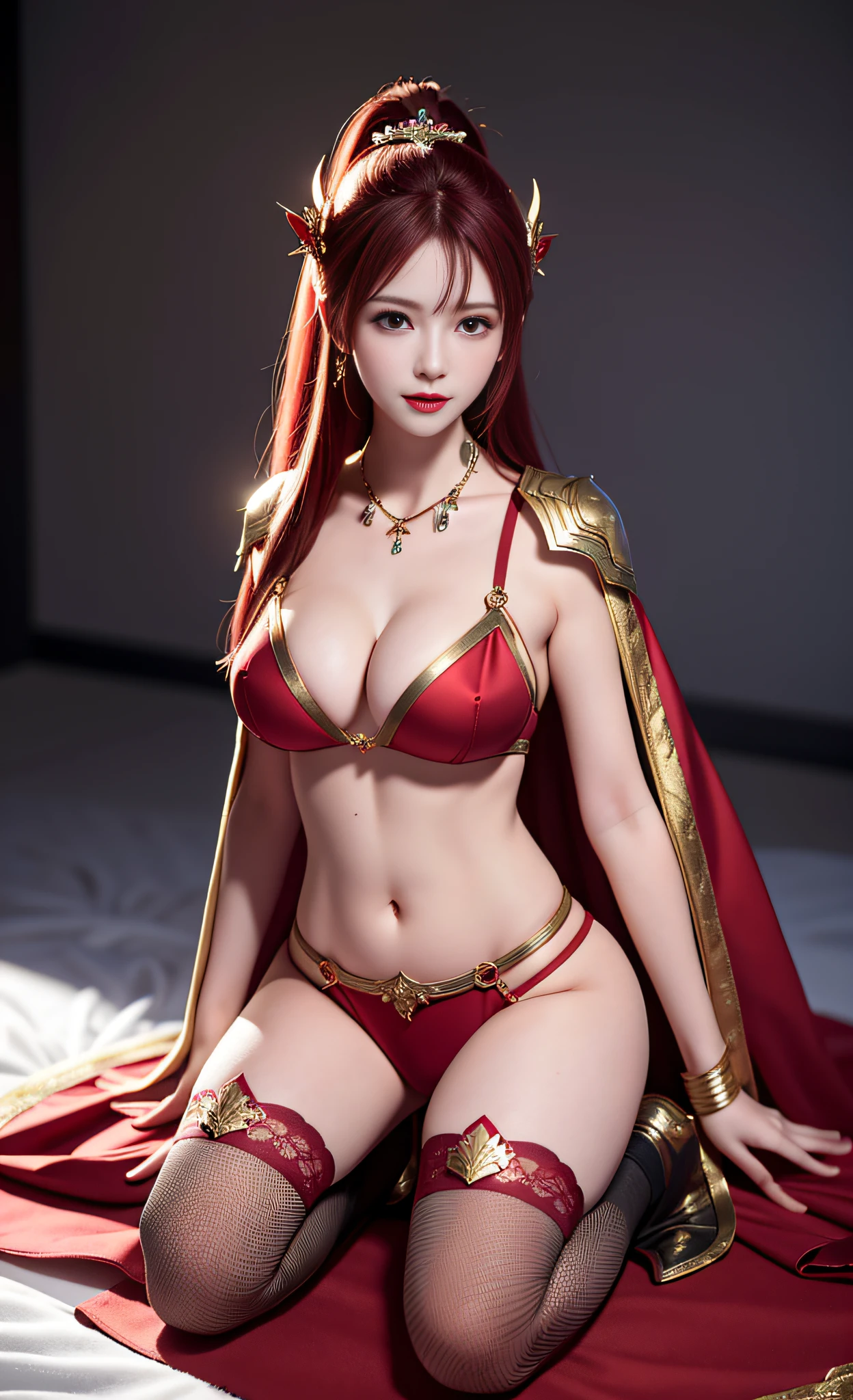 vampire, best quality in full body, masterpiece, high resolution, 1 girl, ancient armor, red metal bikini, cape, chest pattern, red hair, single ponytail, hair accessory, necklace, jewelry, beautiful face, upon_body, belly exposed, arms exposed, tyndall effect, stockings, realistic, dark studio, edge lighting, two-tone lighting, (high detail skin: 1.2), 8k ultra hd, dslr camera, soft lighting, high quality, volumetric lighting, frank, photos, high resolution, 4k, 8k, Yang Mi, kneeling, lace stockings