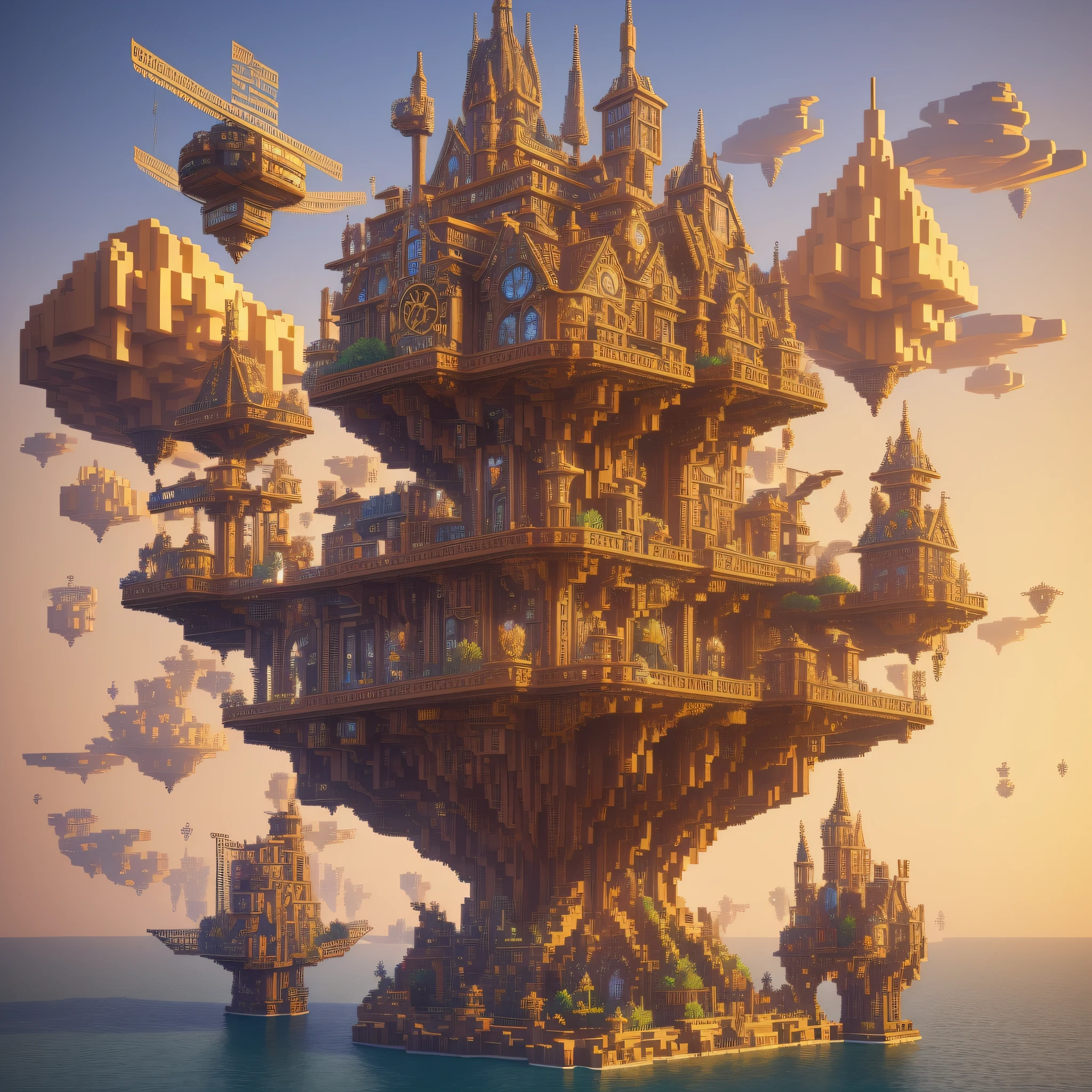 Create a mesmerizing artwork that combines elements of steampunk, Dutch Golden Age, and voxel art. Picture a bustling cityscape transformed into a fantastical realm, where whimsical airships soar against a sunset sky. Intricate clockwork mechanisms interlace with blooming tulips, as characters in dapper attire navigate the gritty yet elegant streets. The voxel art adds a touch of playfulness, with pixelated details enhancing the rich textures. Let this multidimensional masterpiece transport viewers to a world where the past and future converge in enchanting harmony.