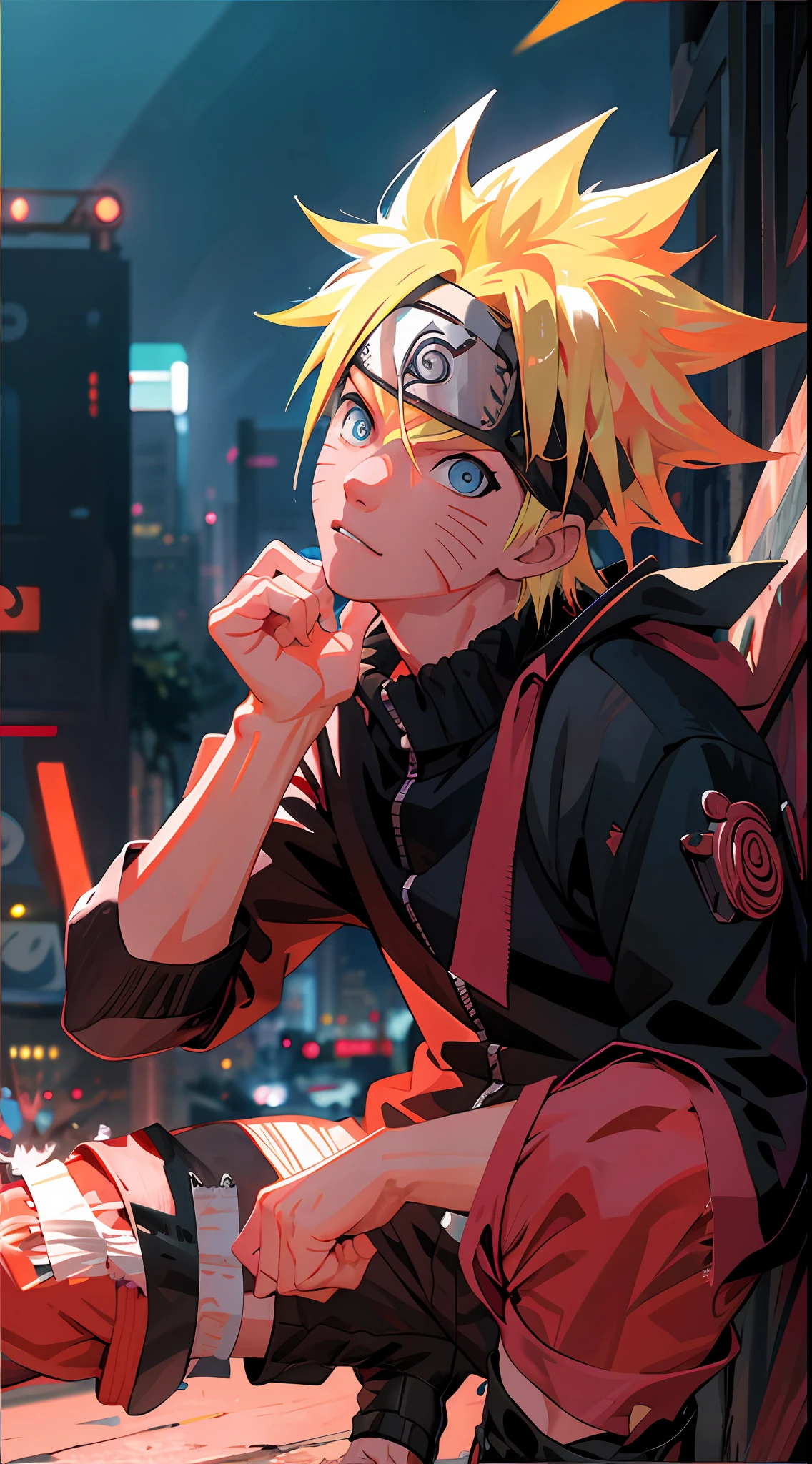 portrait, neon, 1 boy, shonen style, spiky blonde hair, scratches on cheeks, black and red clothing, leather jacket, jeans, boots, bandana with leaf symbol, perfect eyes, cool, blue eyes, full body, color --name Naruto Uzumaki --night background city with futuristic buildings and holograms