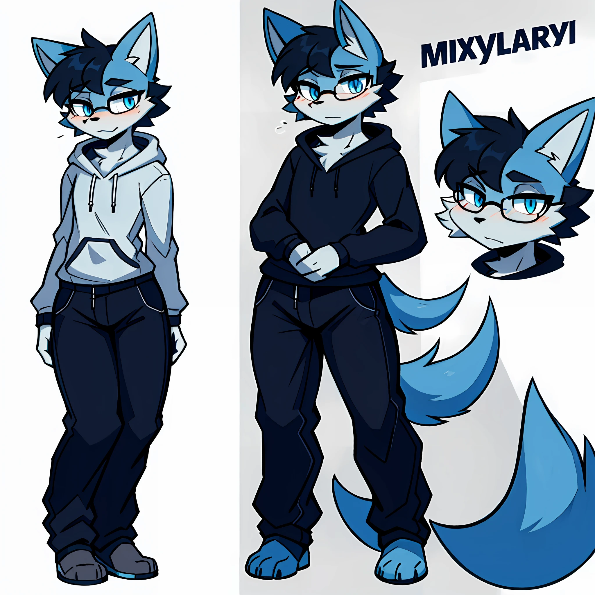 Solo, shaggy, furry male, minor, full body fur, gray-blue fur, gray-blue sweatshirt, gray-black trousers, black hair, black glasses, blue eyes, small canine, fluffy blue tail, male, serious, short hair, reference sheet