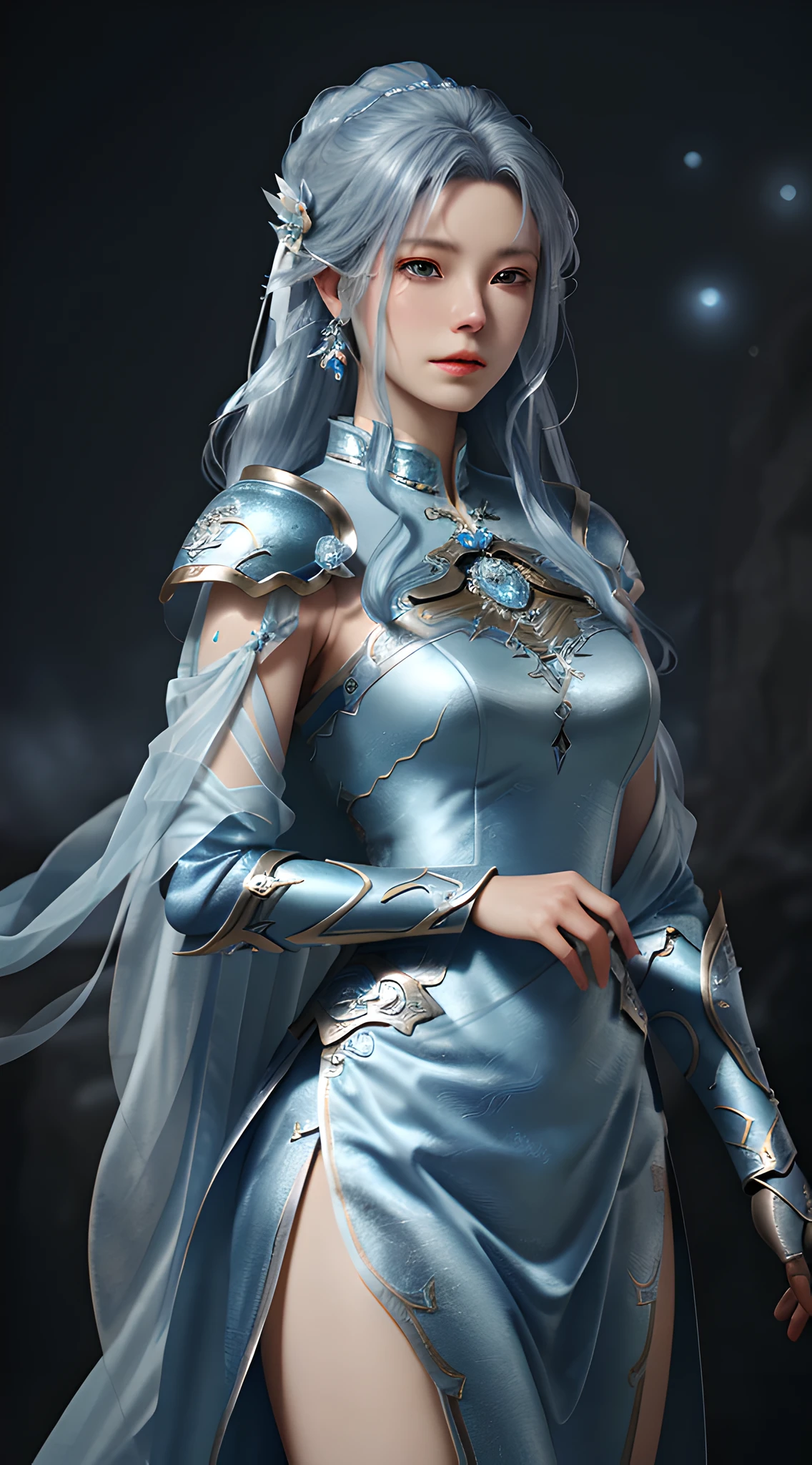 a close up of a woman in a silver and blue dress, chengwei pan on artstation, by Yang J, detailed fantasy art, stunning character art, fanart best artstation, epic exquisite character art, beautiful armor, extremely detailed artgerm, detailed digital anime art, artgerm on artstation pixiv, armor girl