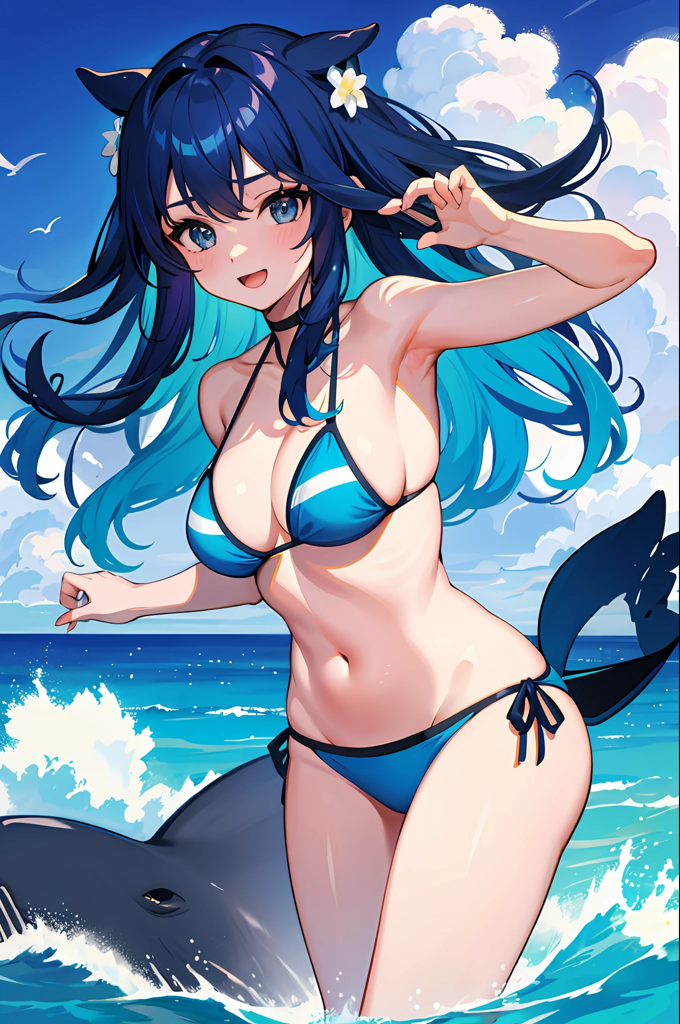 1 girl, whale, tail, ocean, bikini, oversized, blue hair
