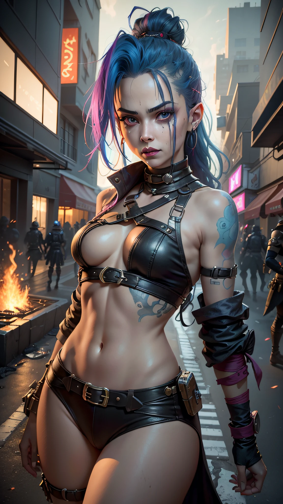 ((Best quality)), ((masterpiece)), (highly detailed:1.3), 3D, arcane style,In the dark and courageous dystopian city of Piltover, plagued by violence and divided into two opposing factions, a young prodigy named Jinx emerges. Having endured unimaginable loss and abandonment, she embraced a life of chaos and destruction. Known for her inventive and explosive abilities, Jinx becomes an icon of rebellion against the oppressive forces that control the city. However, haunted by guilt and battling inner demons, she must confront her past and decide whether to continue on the path of anarchy or seek redemption amid the turmoil. Explore Jinx's journey as she navigates a treacherous world, fighting for survival, unlocking secrets, and discovering the true meaning of her twisted existence, chaos reigns supreme, and at the center of it all is Jinx, the embodiment of unpredictability. Delve deep into Jinx's twisted mind, exploring the origins of his madness and the driving force behind his destructive nature. Unravel the moments that shaped her into the crazed, iconic character we know. Take us on a wild journey through the vibrant streets of Piltover and the shadowy suburb of Zaun as Jinx wreaks havoc with his explosive arsenal. Can redemption find its way into Jinx's fractured soul? Or will she dance forever on the edge of sanity, embracing the chaos that fuels her very existence? Arcane's fate hangs in the balance as Jinx's path intertwines with unlikely allies and formidable enemies. Ignite your imagination and paint a vivid portrait of Jinx's distorted psyche, capturing the essence of her madness and the indomitable spirit that defines it, HDR (High Dynamic Range), Ray Tracing, NVIDIA RTX, Super-Resolution, Unreal 5, Subsurface Scattering, PBR Texturing, Post-processing, Anisotropic Filtering, Depth of Field, Maximum Clarity and Sharpness, Multit Textures