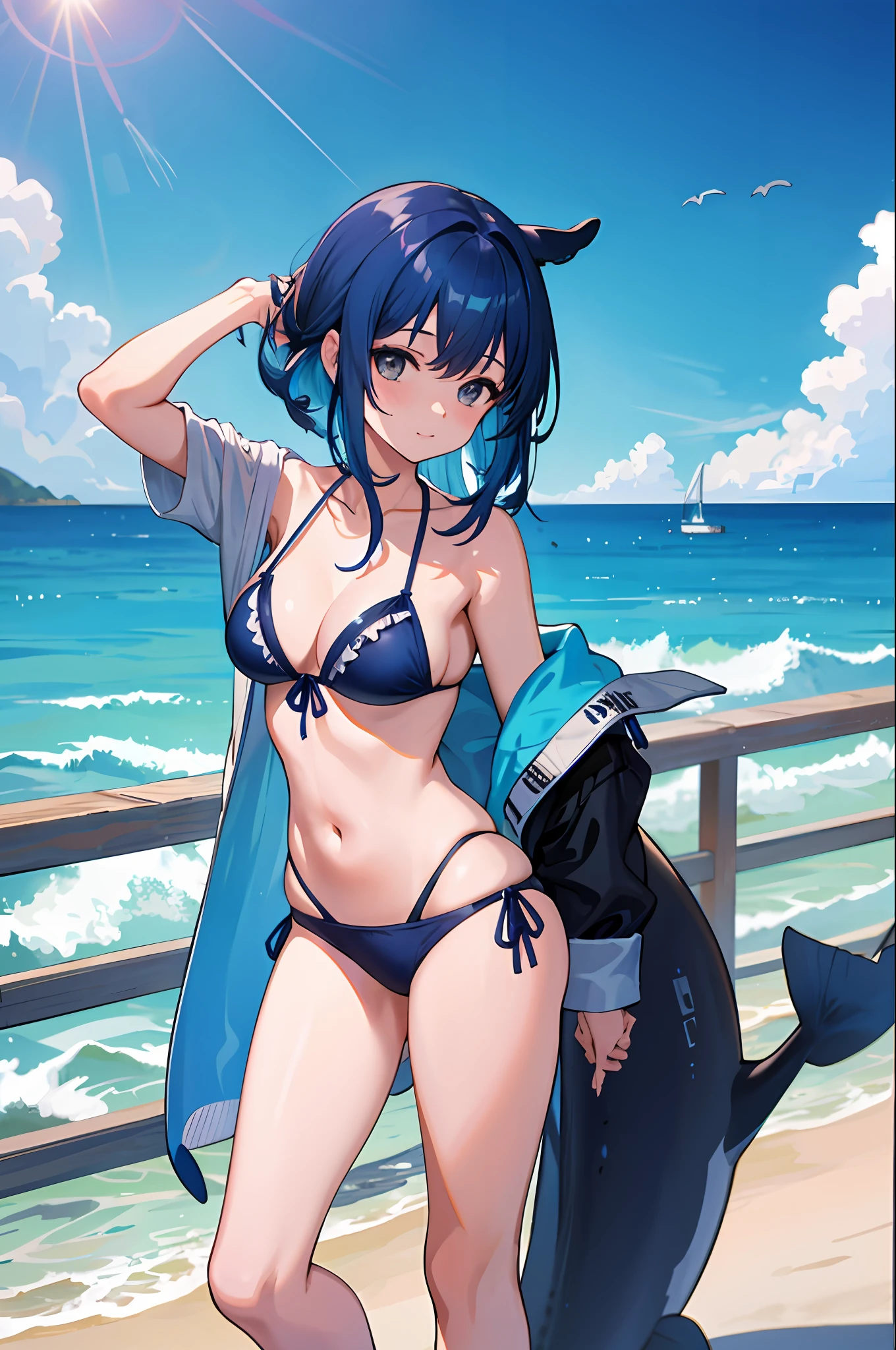 1 girl, whale, tail, ocean, bikini, oversized, blue hair