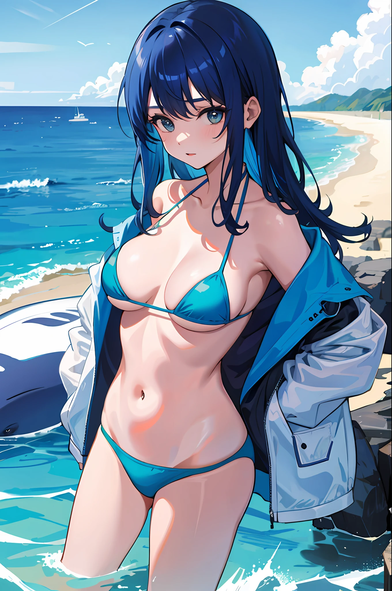 1 girl, whale, tail, ocean, bikini, oversized, blue hair