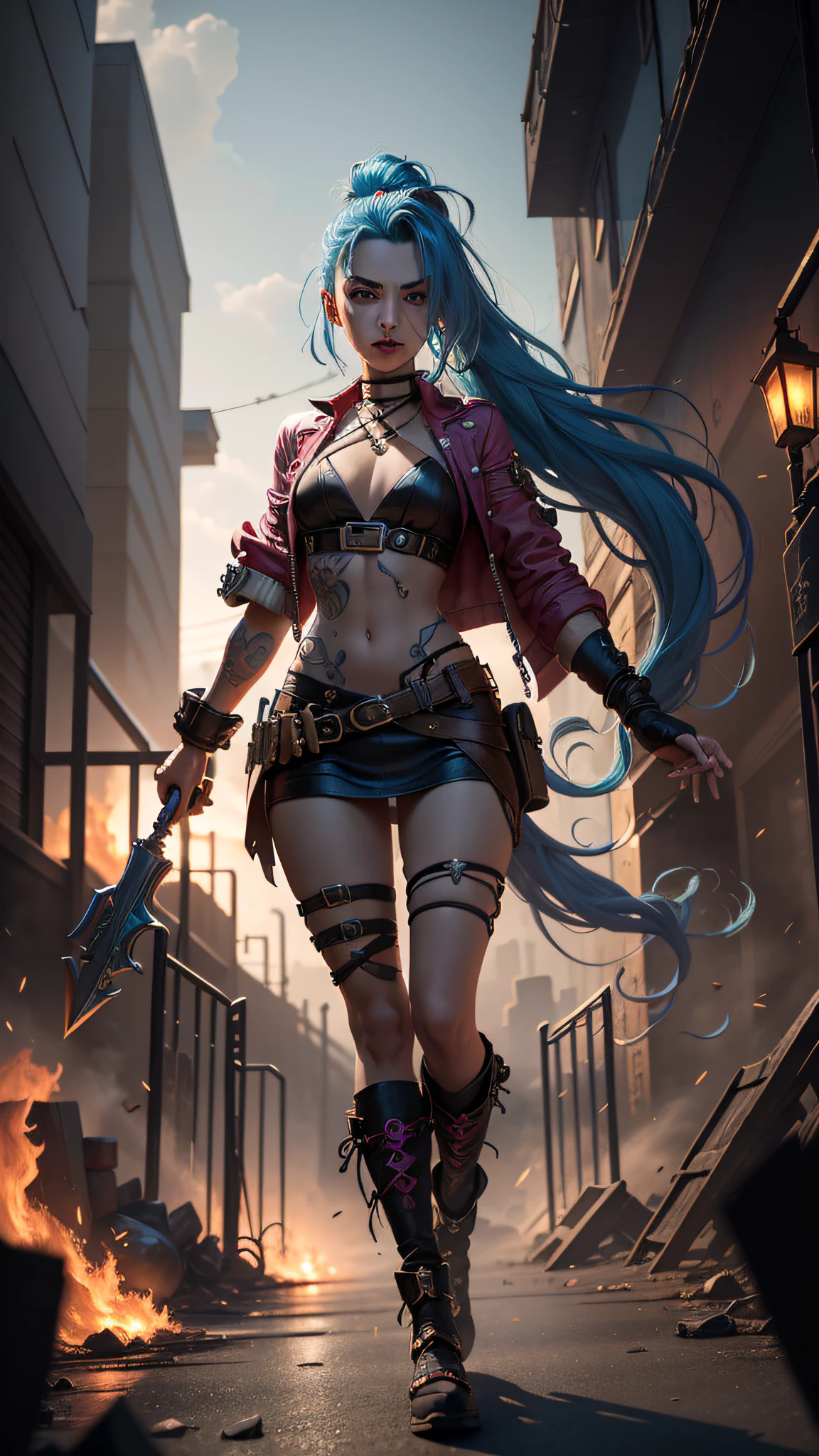 ((Best quality)), ((masterpiece)), (highly detailed:1.3), 3D, arcane style,In the dark and courageous dystopian city of Piltover, plagued by violence and divided into two opposing factions, a young prodigy named Jinx emerges. Having endured unimaginable loss and abandonment, she embraced a life of chaos and destruction. Known for her inventive and explosive abilities, Jinx becomes an icon of rebellion against the oppressive forces that control the city. However, haunted by guilt and battling inner demons, she must confront her past and decide whether to continue on the path of anarchy or seek redemption amid the turmoil. Explore Jinx's journey as she navigates a treacherous world, fighting for survival, unlocking secrets, and discovering the true meaning of her twisted existence, chaos reigns supreme, and at the center of it all is Jinx, the embodiment of unpredictability. Delve deep into Jinx's twisted mind, exploring the origins of his madness and the driving force behind his destructive nature. Unravel the moments that shaped her into the crazed, iconic character we know. Take us on a wild journey through the vibrant streets of Piltover and the shadowy suburb of Zaun as Jinx wreaks havoc with his explosive arsenal. Can redemption find its way into Jinx's fractured soul? Or will she dance forever on the edge of sanity, embracing the chaos that fuels her very existence? Arcane's fate hangs in the balance as Jinx's path intertwines with unlikely allies and formidable enemies. Ignite your imagination and paint a vivid portrait of Jinx's distorted psyche, capturing the essence of her madness and the indomitable spirit that defines it, HDR (High Dynamic Range), Ray Tracing, NVIDIA RTX, Super-Resolution, Unreal 5, Subsurface Scattering, PBR Texturing, Post-processing, Anisotropic Filtering, Depth of Field, Maximum Clarity and Sharpness, Multit Textures