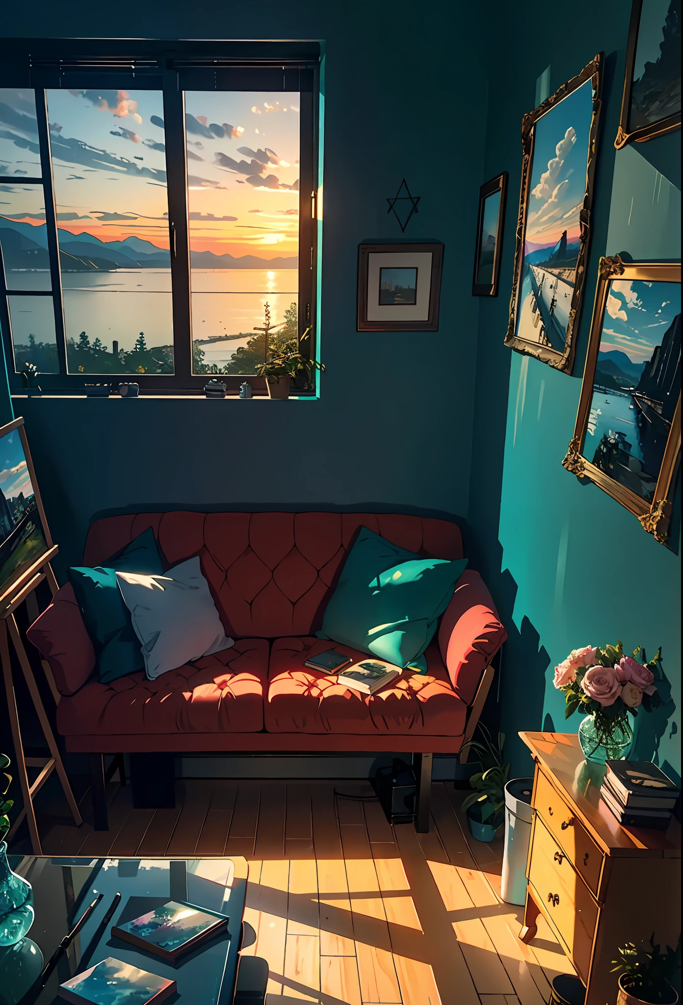 Studio apartment, a huge room, expensive and cozy interior, creative workshop, décor, Cozy artist's workshop, easel, color palette, acrylic paints, paintings, large windows, loggia, art, awards, table, sofa, armchairs, mirror, crystals, meditation, harmony, a lot of books on the walls, paintings on the walls, view from the window, sea, mountains, amazing sunset, flower arrangements, paints, brushes, artist's theme, elegant, dynamic bright lighting, Happiness, Full Color, Multicolor, Artificial, Superior Detail, Super Quality, Fine Details, Highlights, Neon Lights, Masterpiece, Best Colors