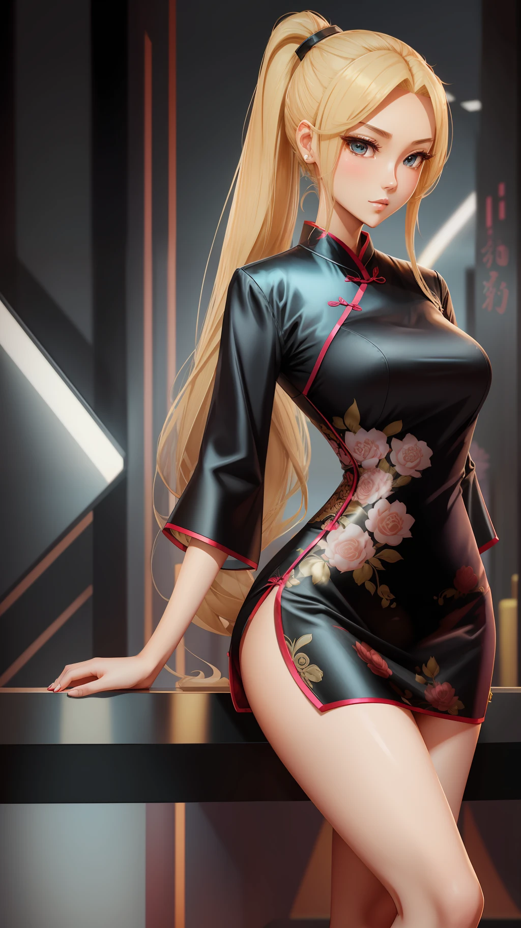Two-dimensional, blonde girl, tall, large chest, high ponytail, flushed face, cheongsam, thin waist, long legs --auto --s2