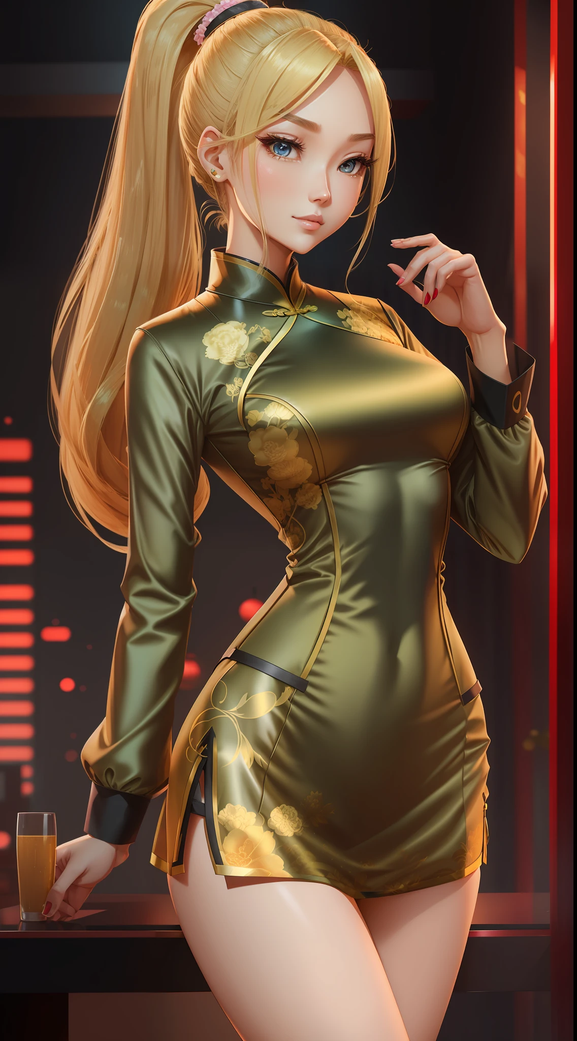 Two-dimensional, blonde girl, tall, large chest, high ponytail, flushed face, cheongsam, thin waist, long legs --auto --s2