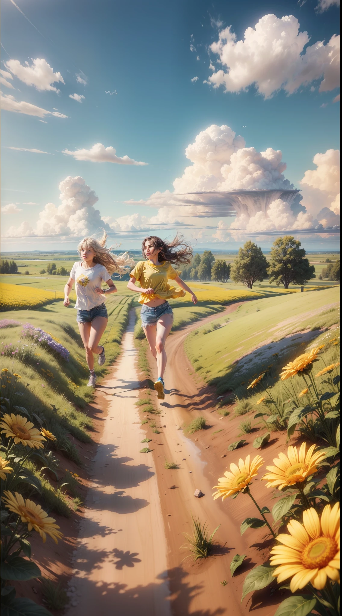(Best Quality, 8k, 32k, Masterpiece, UHD: 1.2, Ray Tracing: 1.2, Real: 1.2), 1girl, (Side: 1.5), Yellow Short Sleeves, Denim Shorts, Sneakers, (Prairie, Long Range, Running in Prairie: 1.5), Prairie Landscape, Happy, Blue Sky, White Clouds, Meadow, Little Flower,