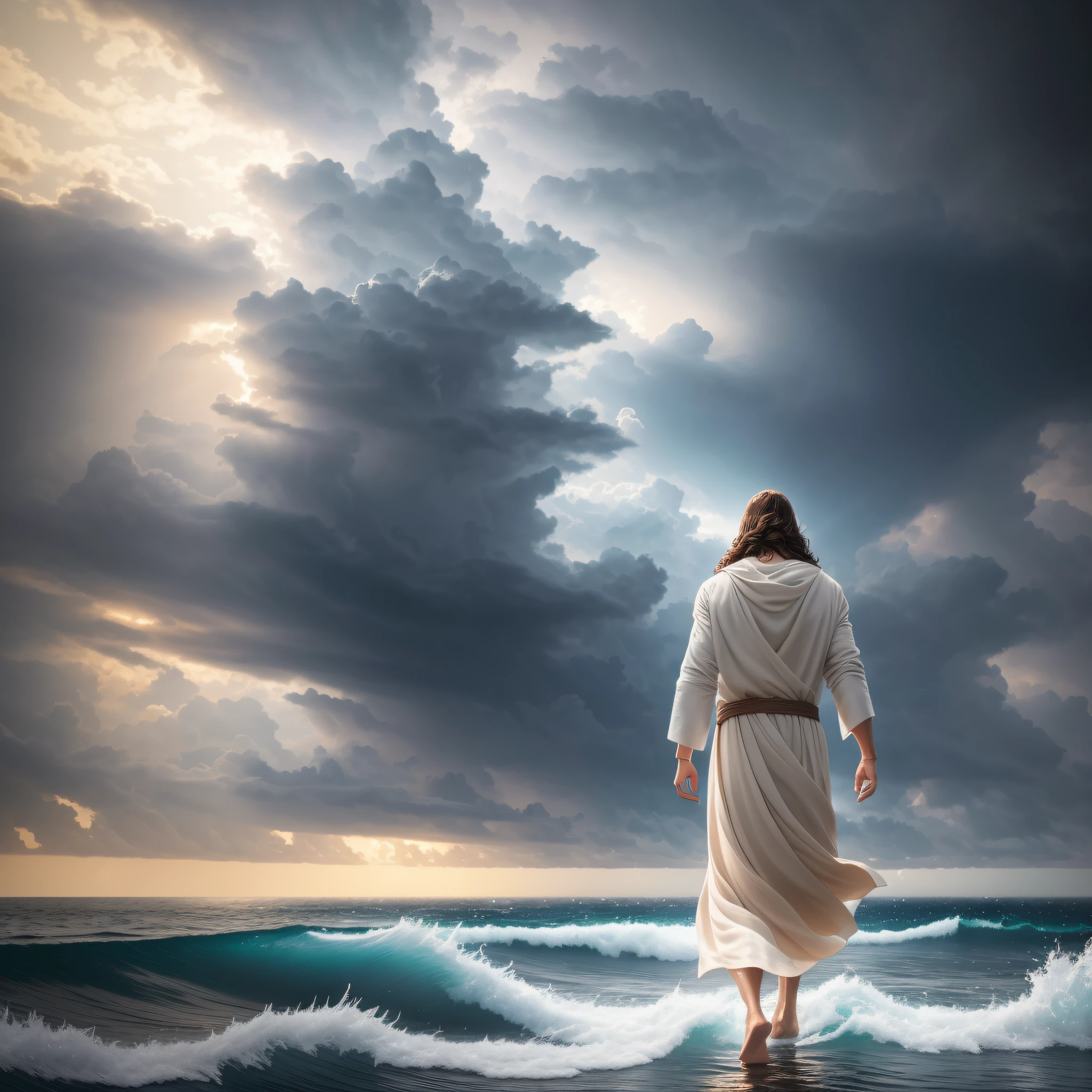 jesus walking on water in a storm, masterpiece, best quality, high quality, extremely detailed CG unit 8k wallpaper, award winning photography, Bokeh, Depth of Field, HDR, bloom, Chromatic aberration, photorealistic, extremely detailed, trending on artstation, trending on CGsociety, intricate, high detail, dramatic, mid-journey art, volumetric lighting