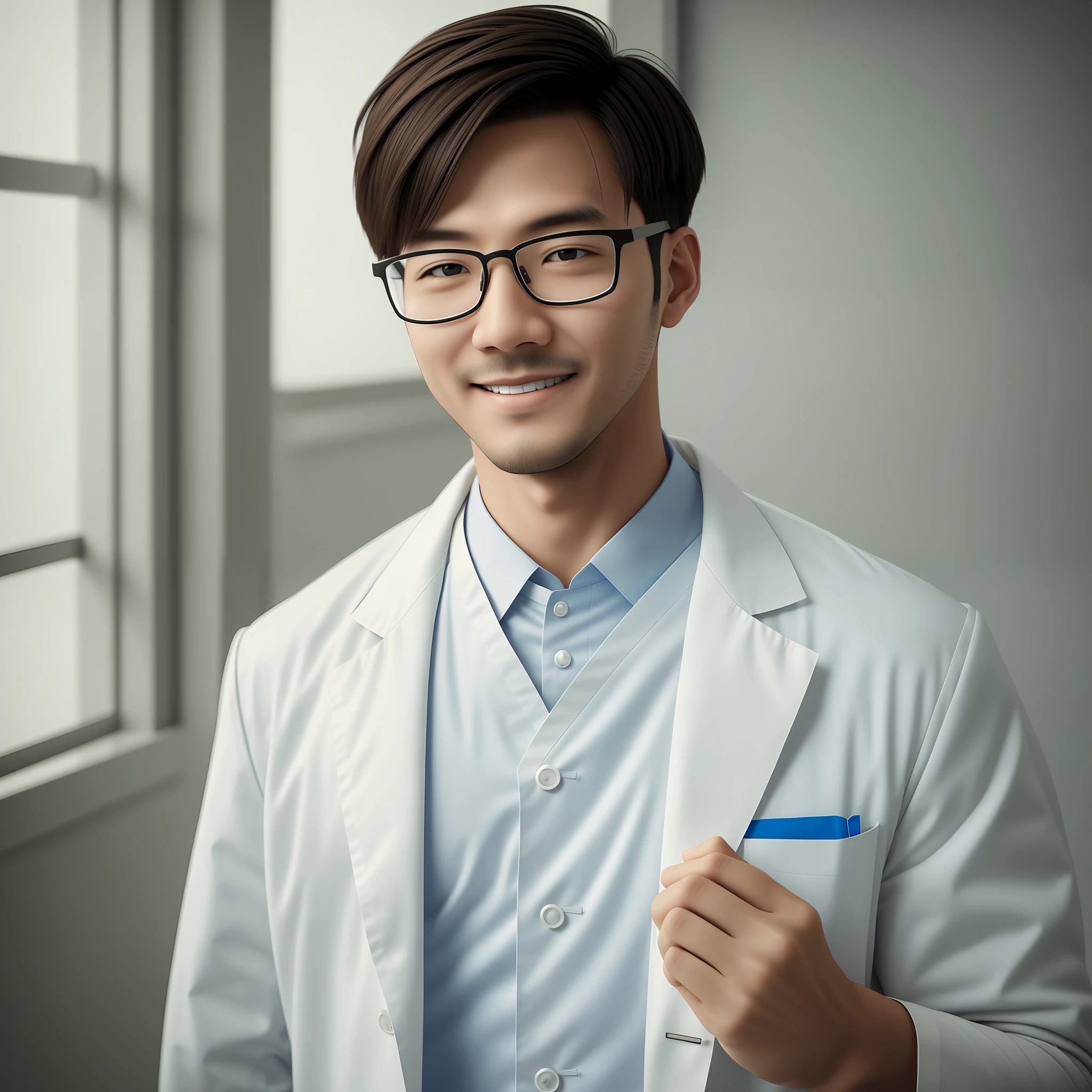 Men, short hair, glasses, slimmed face, no stubble, Chinese, in hospital, in hospital, wearing white doctor coat, smile, front, natural skin texture, 4k texture, HDR, complex, highly detailed, clear focus, cinematic look, super detailed --auto --s2