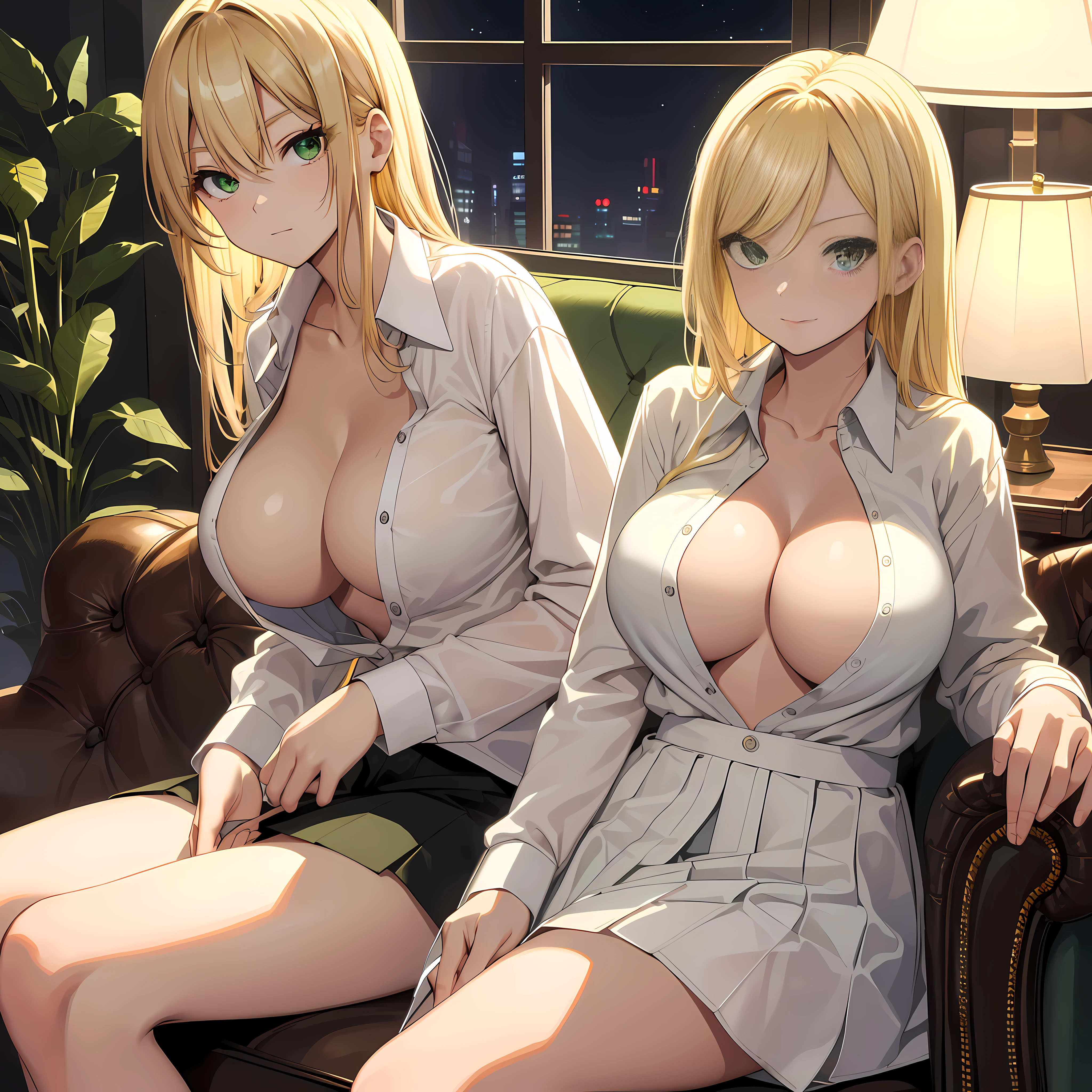 masterpiece, best quality, finely detailed, 1girl, (blonde), (bishoujo), cute, (green eyes), (eyelashes), (huge breasts), (cleavage), (white shirt:1.2), (open shirt), sitting on a sofa, lamp, window, night, delicate interior design,