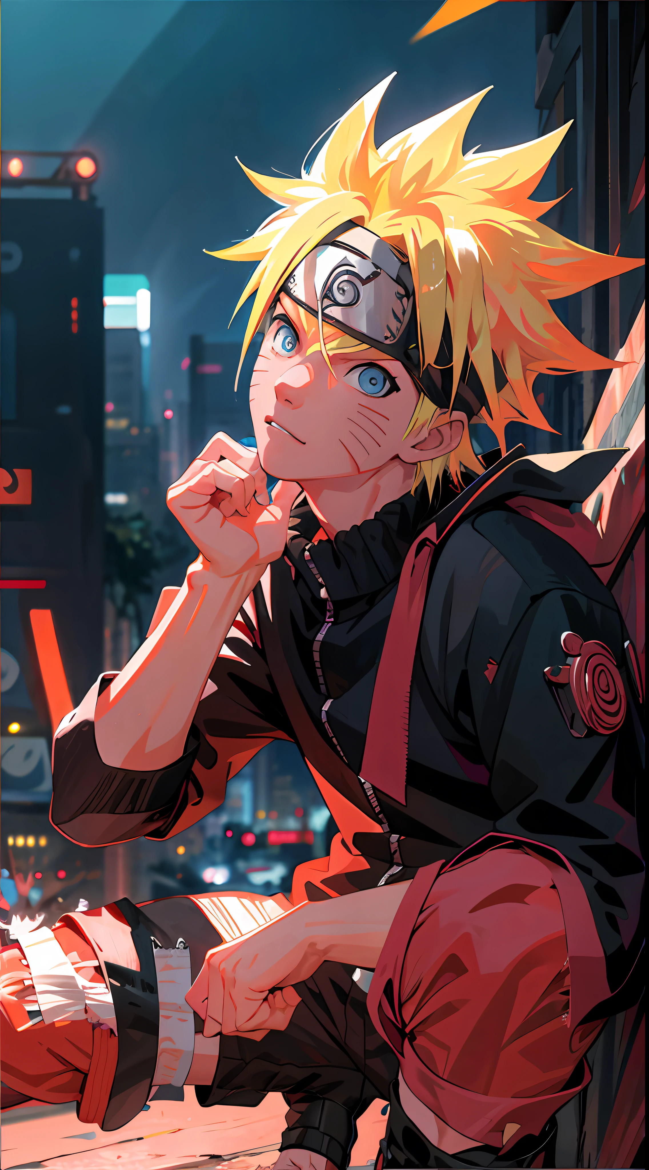 portrait, neon, 1 boy, shonen style, spiky blonde hair, scratches on cheeks, black and red clothing, leather jacket, jeans, boots, bandana with leaf symbol, perfect eyes, cool, blue eyes, full body, color --name Naruto Uzumaki --night background city with futuristic buildings and holograms